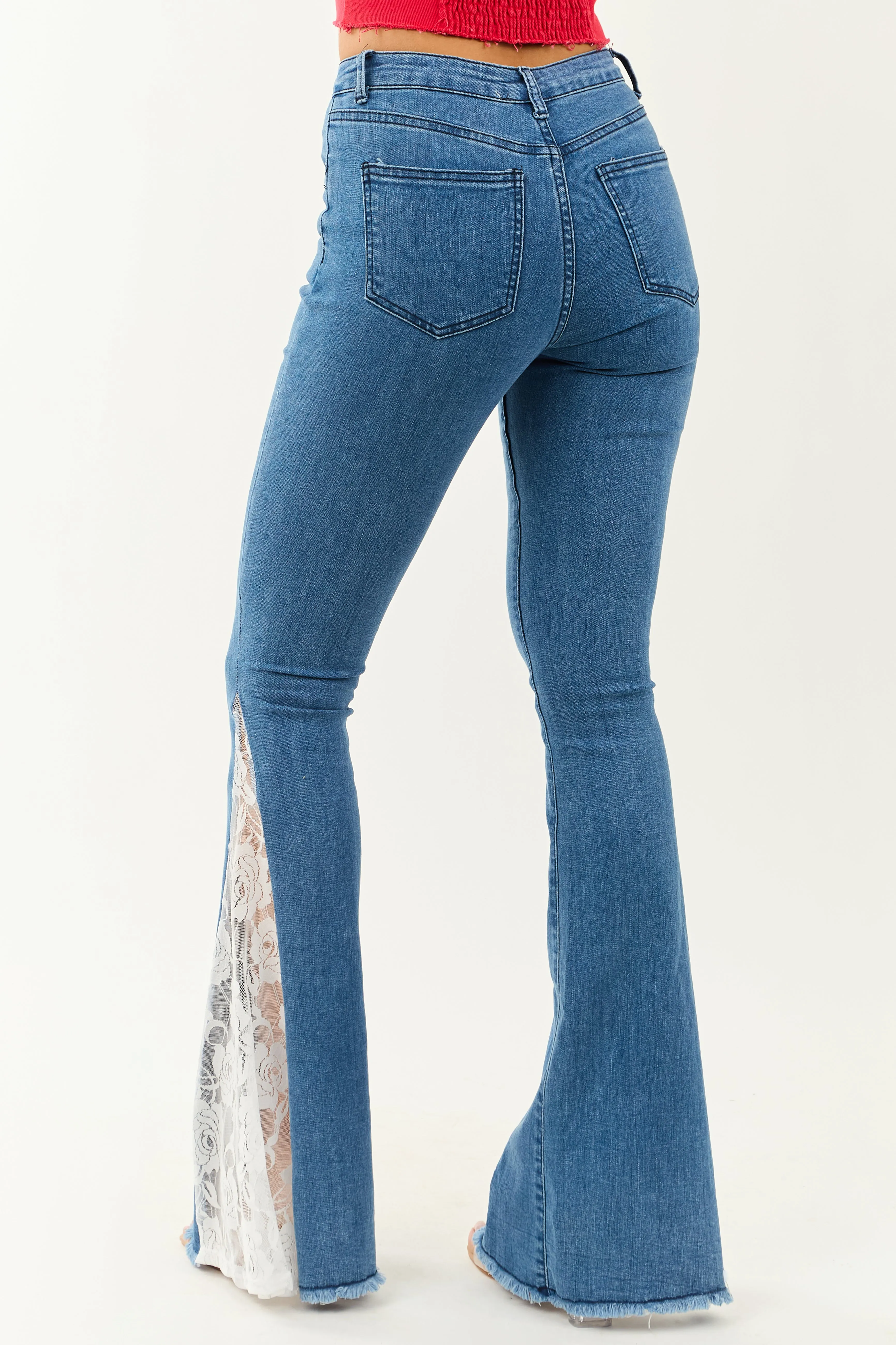 Medium Wash Lace Contrast Stretchy Flare Leg Jeans sold by Lime Lush product image thumbnail 5