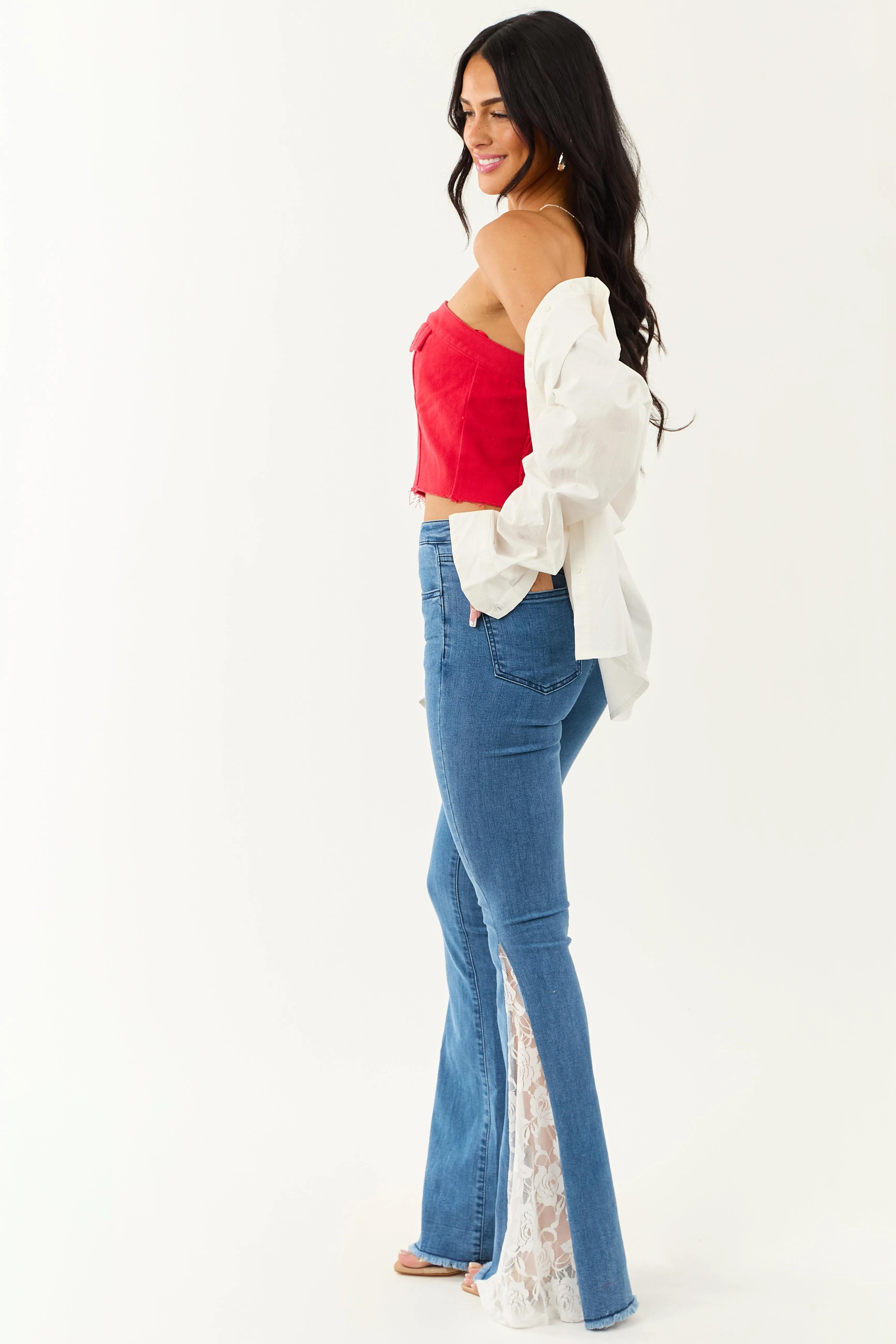 Medium Wash Lace Contrast Stretchy Flare Leg Jeans sold by Lime Lush product image thumbnail 4