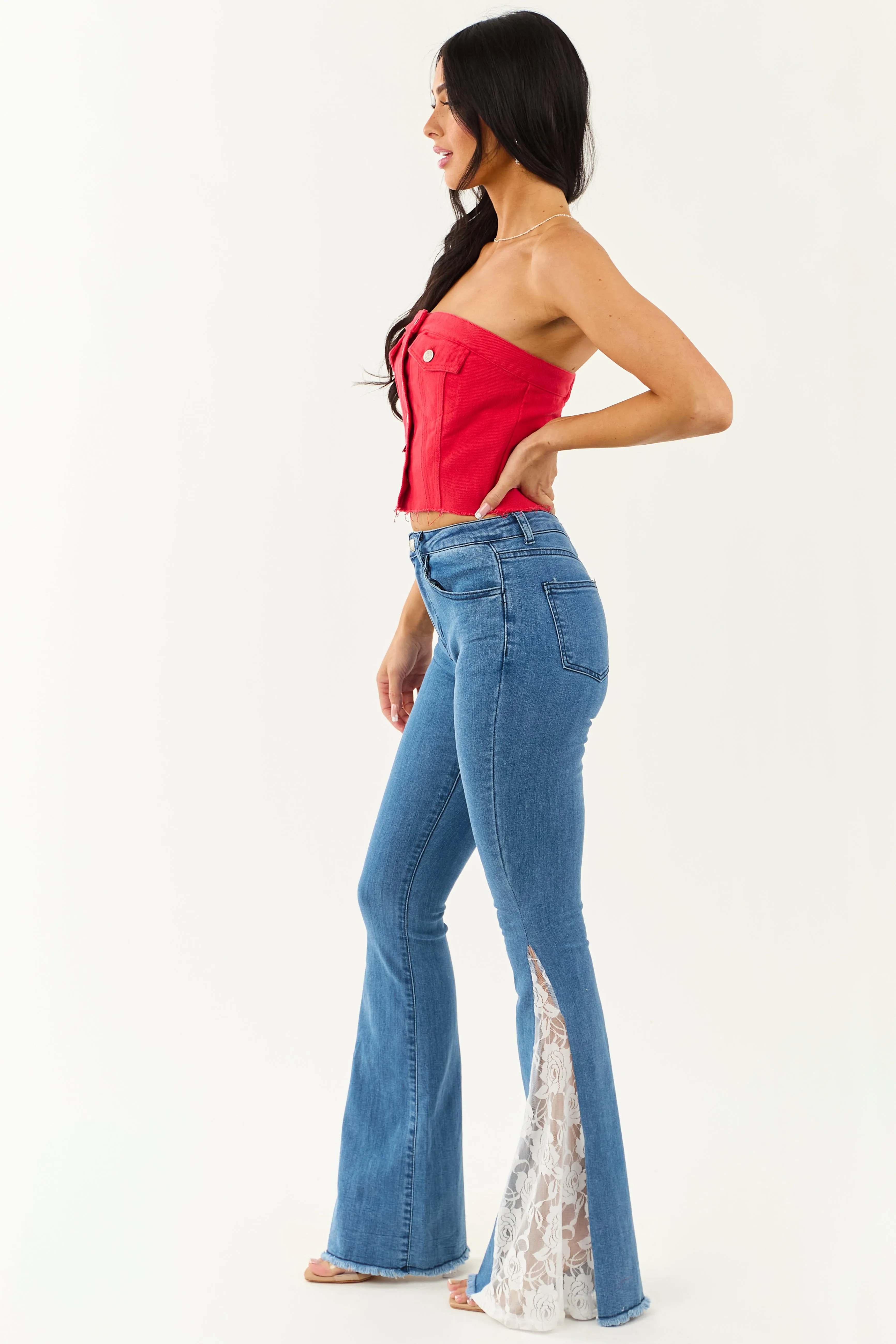 Medium Wash Lace Contrast Stretchy Flare Leg Jeans sold by Lime Lush product image thumbnail 3