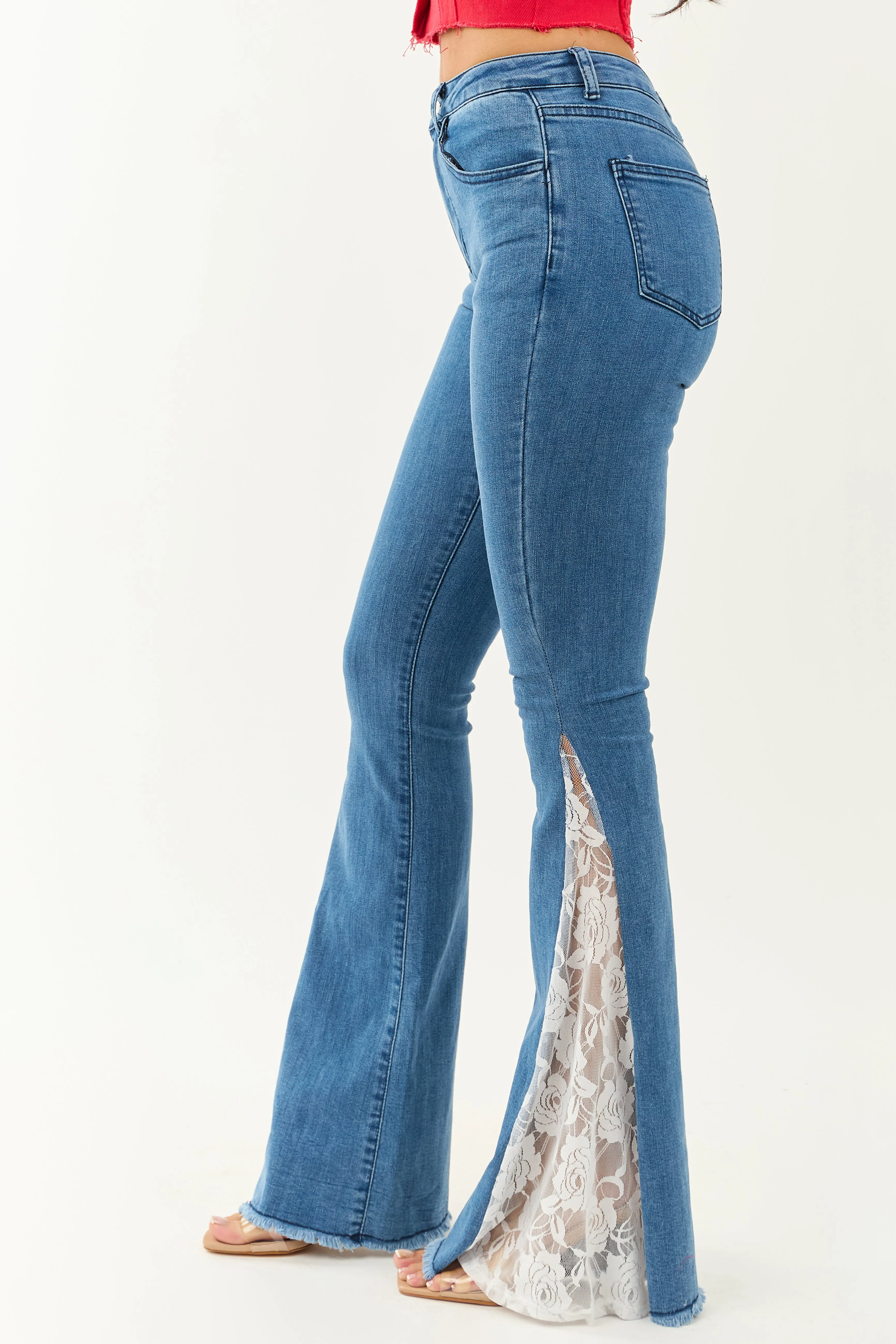 Medium Wash Lace Contrast Stretchy Flare Leg Jeans sold by Lime Lush product image thumbnail 2
