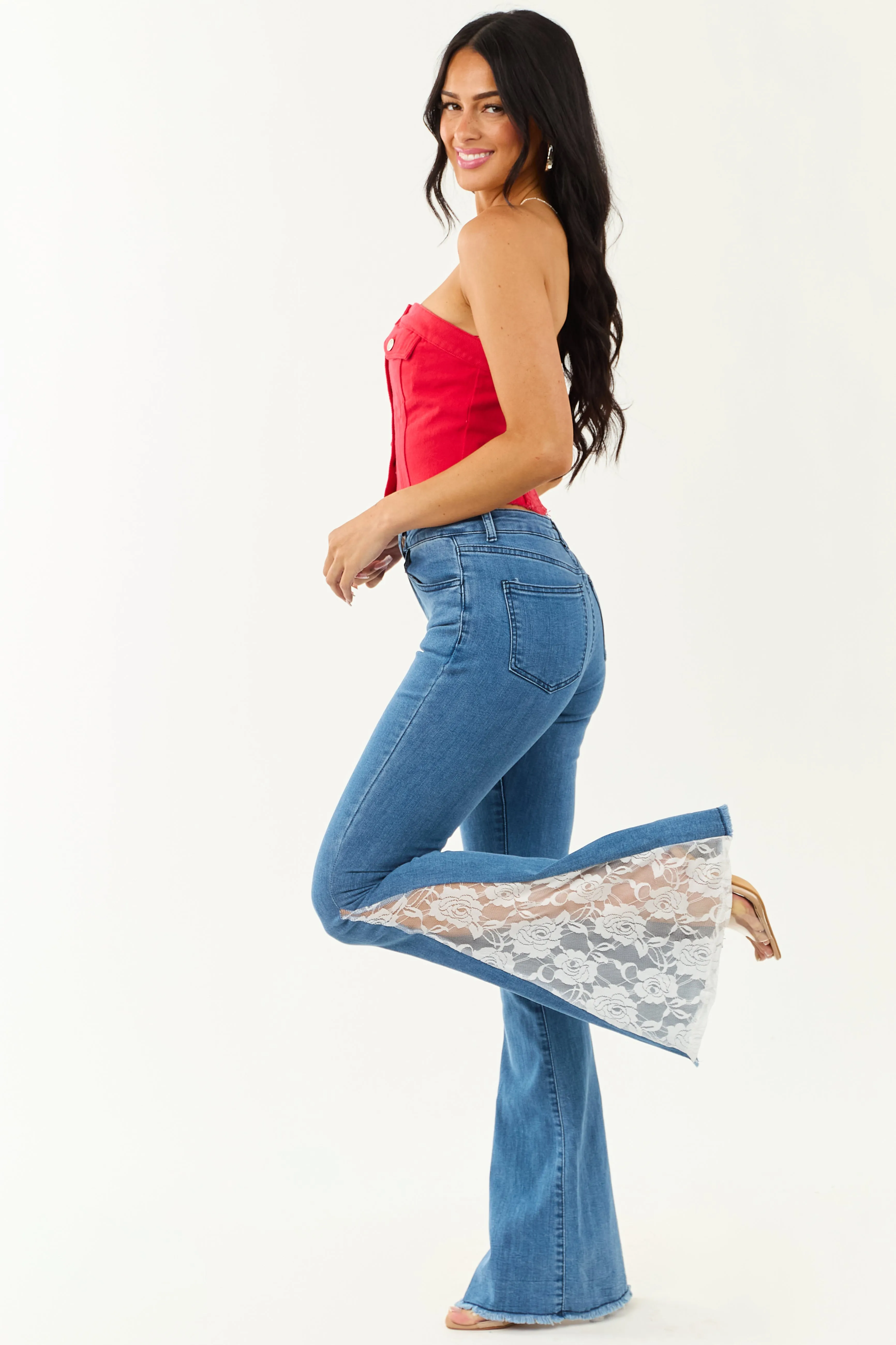 Medium Wash Lace Contrast Stretchy Flare Leg Jeans sold by Lime Lush