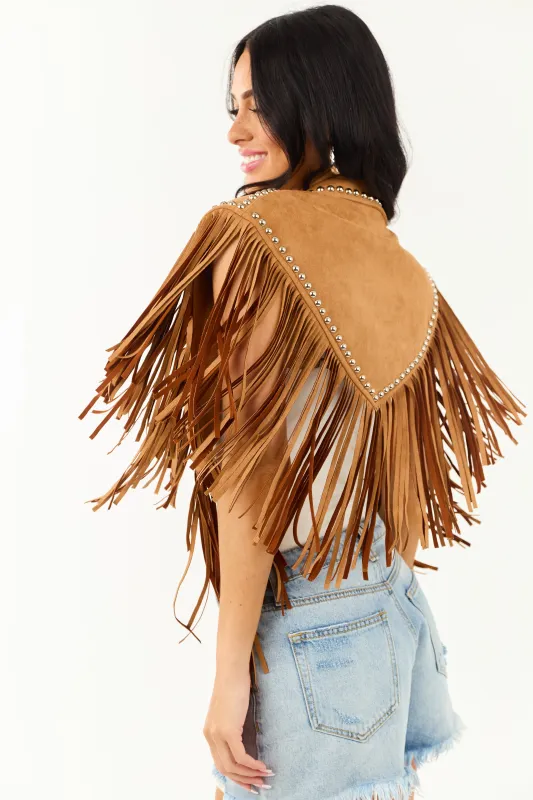 Brown Sugar Faux Suede Studded Fringe Shawl sold by Lime Lush