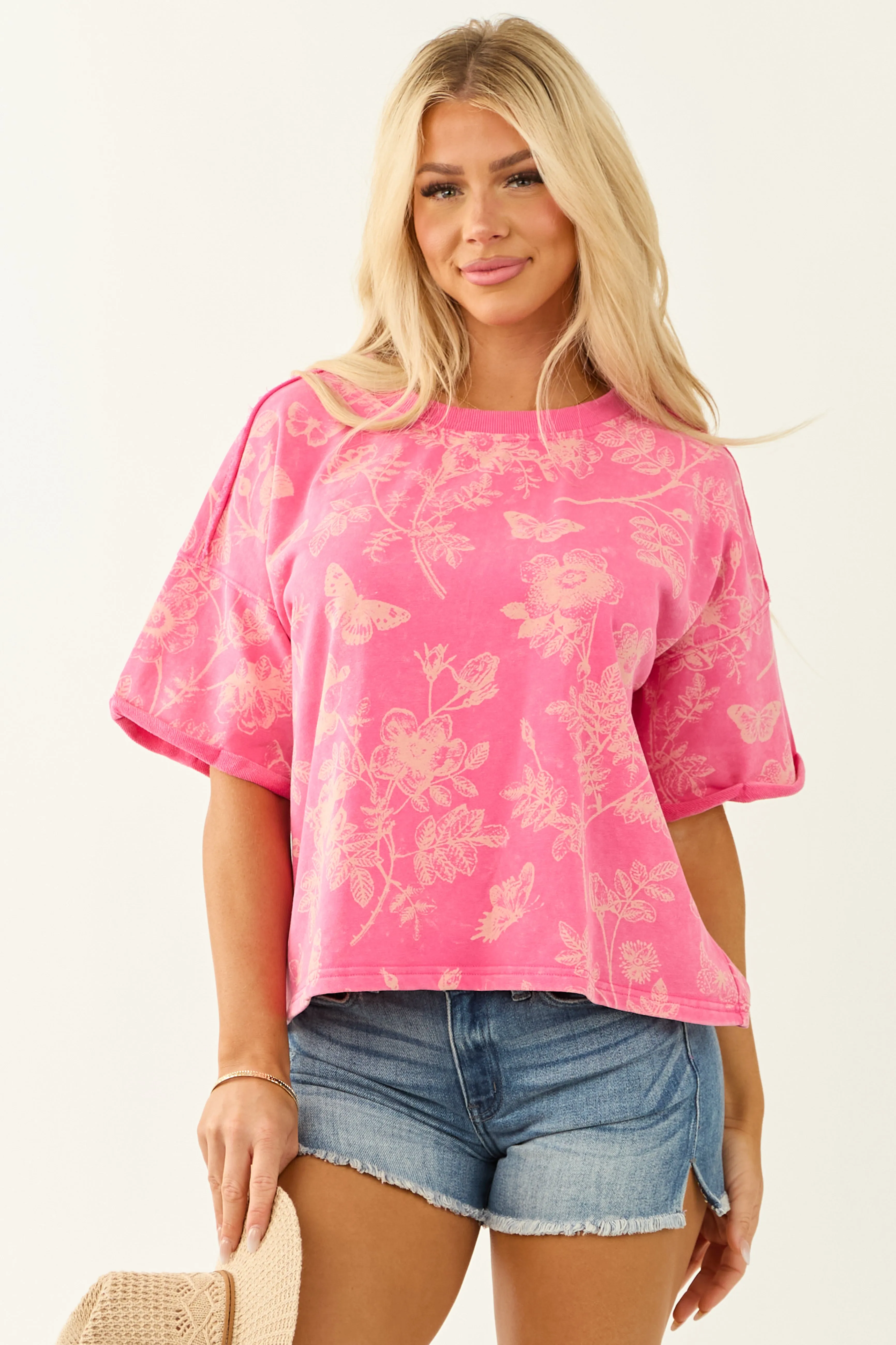 Deep Bubblegum Floral Print Half Sleeve Relaxed Top sold by Lime Lush