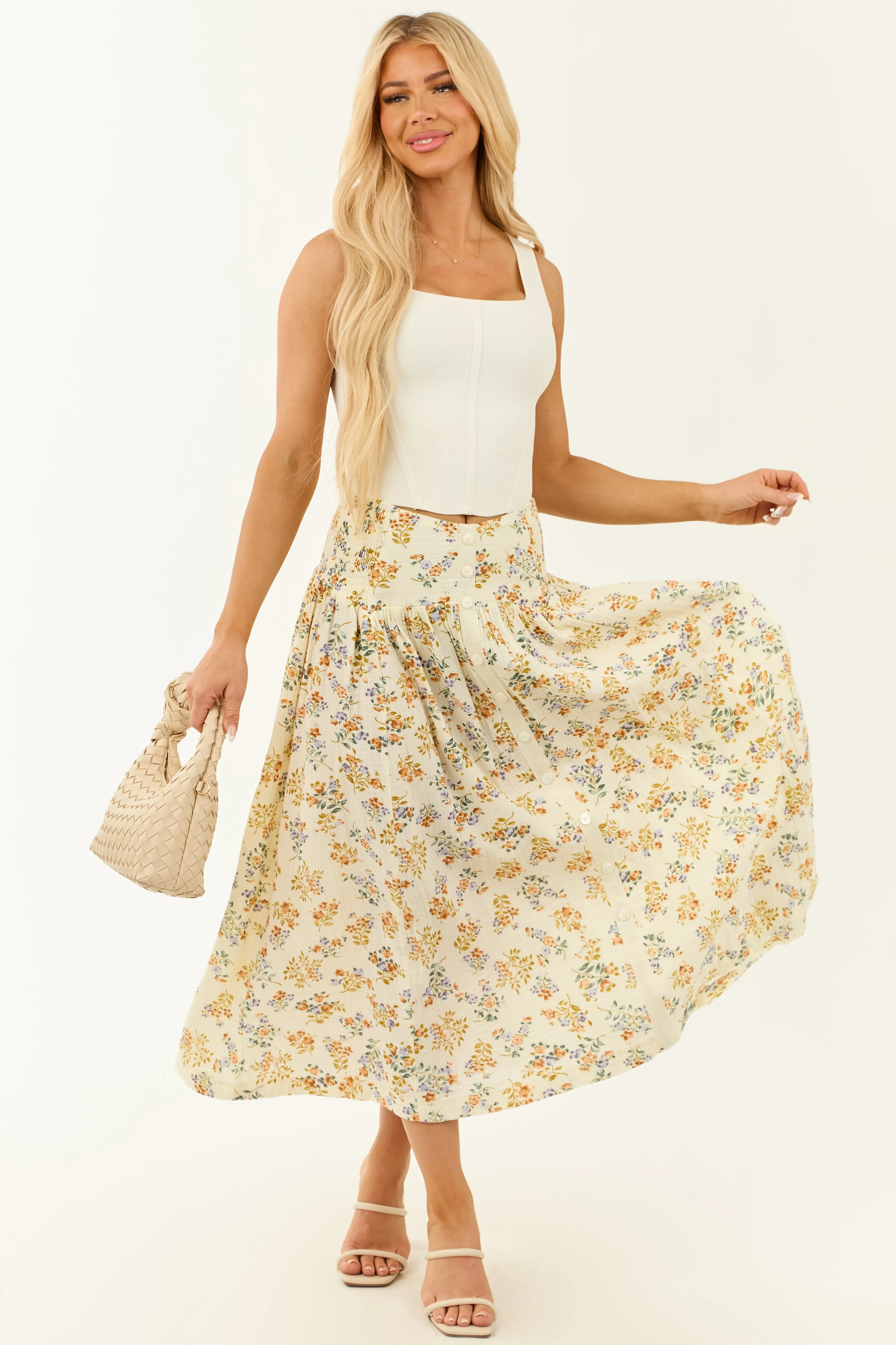 Cream Floral Cotton Gauze Button Down Maxi Skirt sold by Lime Lush