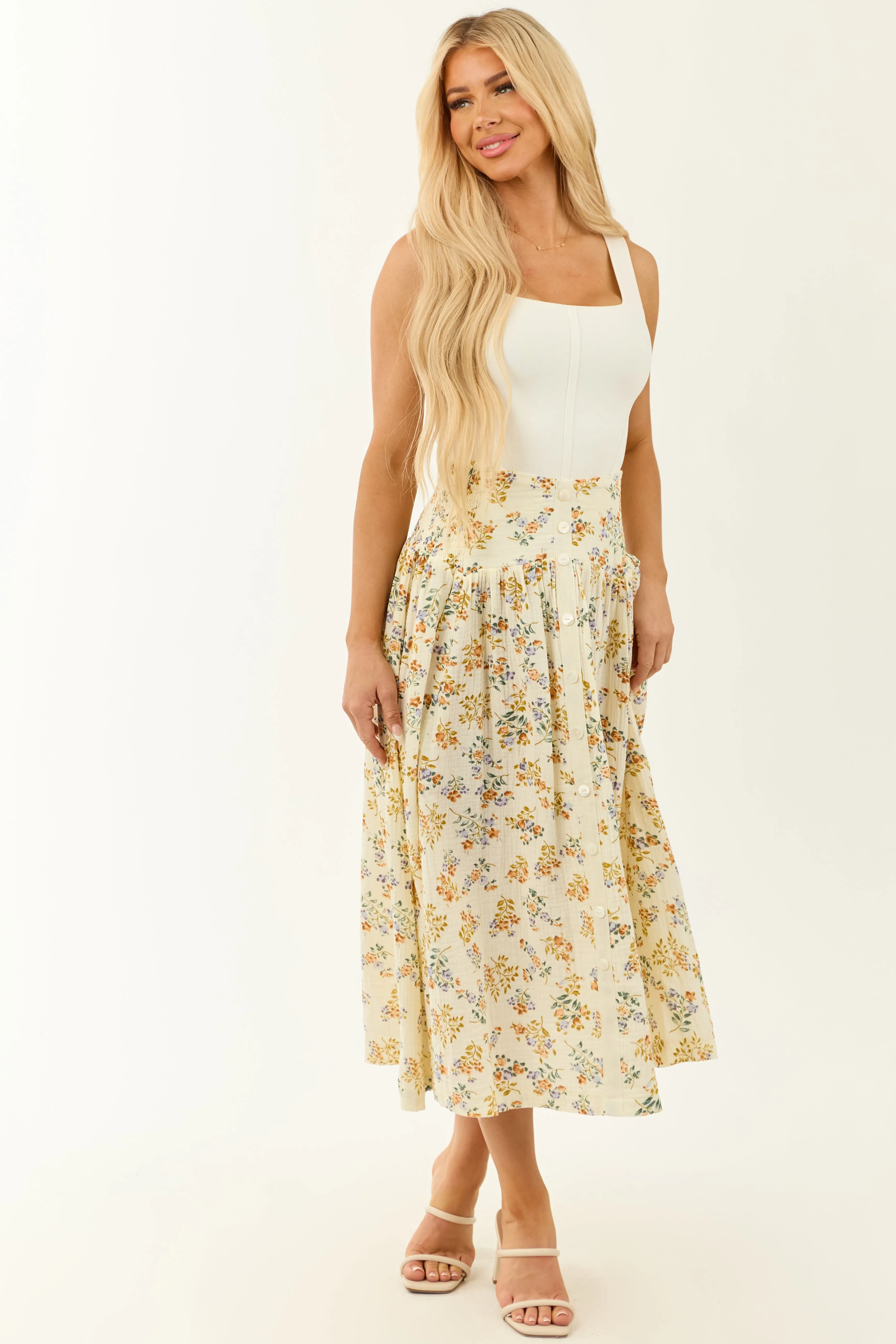 Cream Floral Cotton Gauze Button Down Maxi Skirt sold by Lime Lush product image thumbnail 5