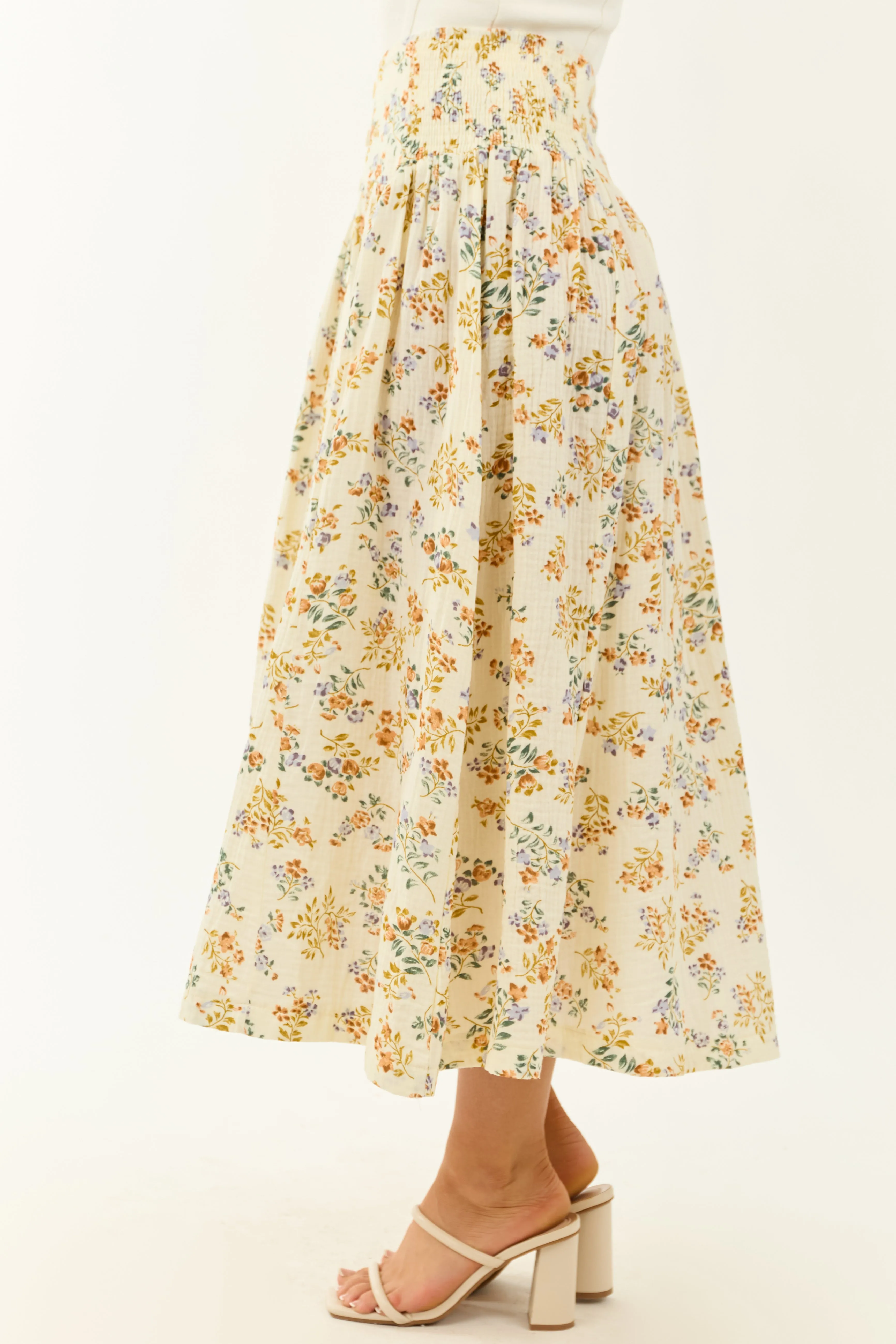 Cream Floral Cotton Gauze Button Down Maxi Skirt sold by Lime Lush product image thumbnail 3