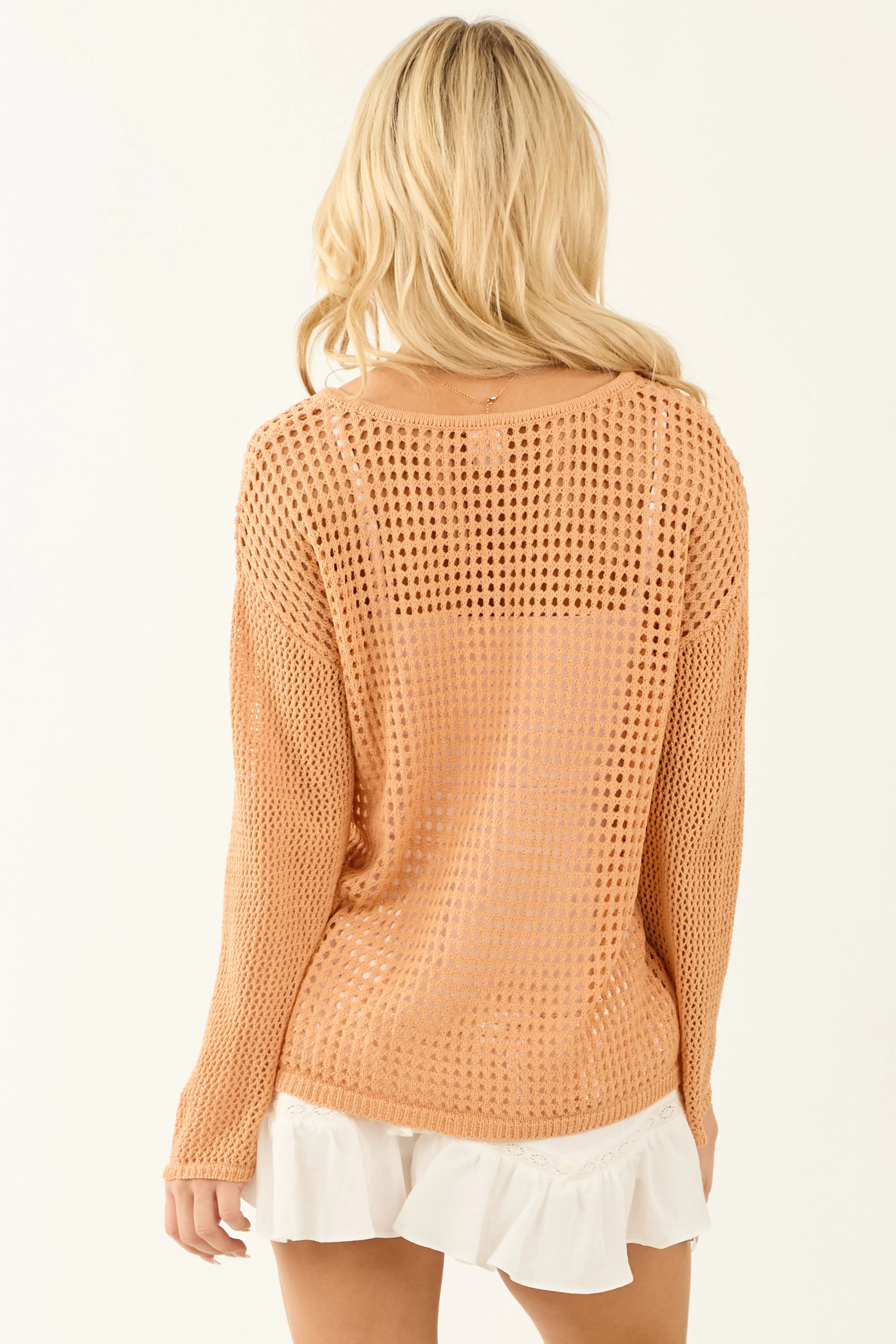 Deep Melon Open Crochet V Neck Long Sleeve Sweater sold by Lime Lush product image thumbnail 5