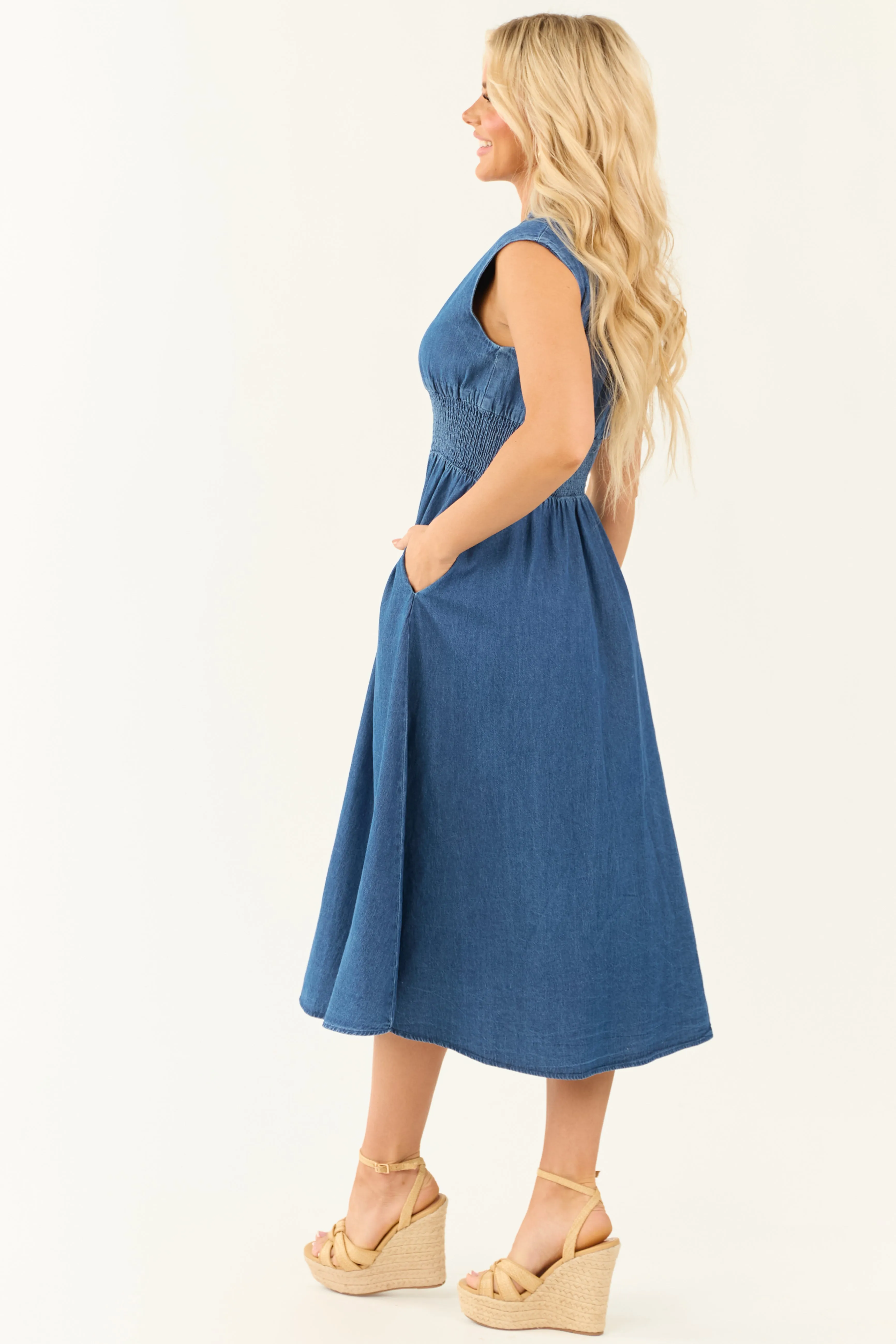 Entro Dark Wash Denim Zip Up Cap Sleeve Midi Dress sold by Lime Lush product image thumbnail 5