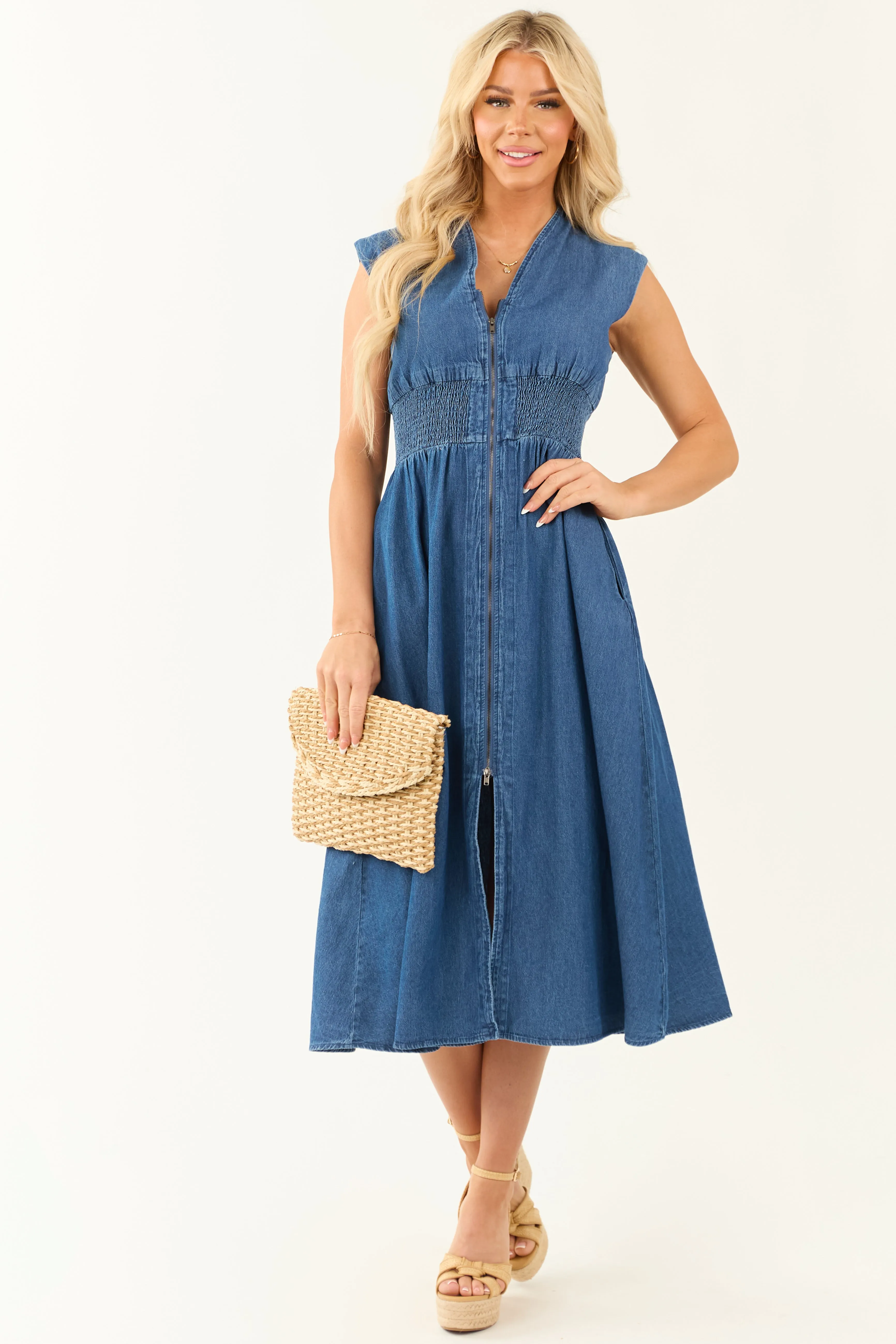 Entro Dark Wash Denim Zip Up Cap Sleeve Midi Dress sold by Lime Lush product image thumbnail 4