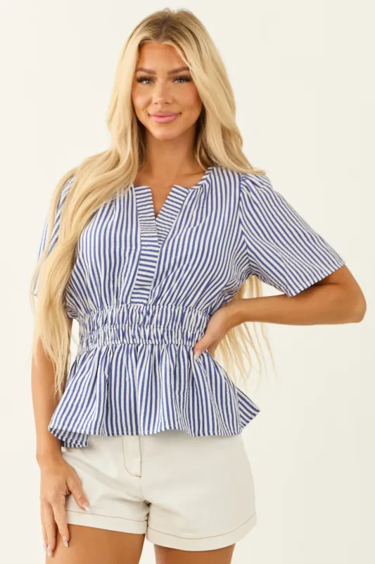 She+Sky Cobalt Striped Short Sleeve Peplum Blouse sold by Lime Lush