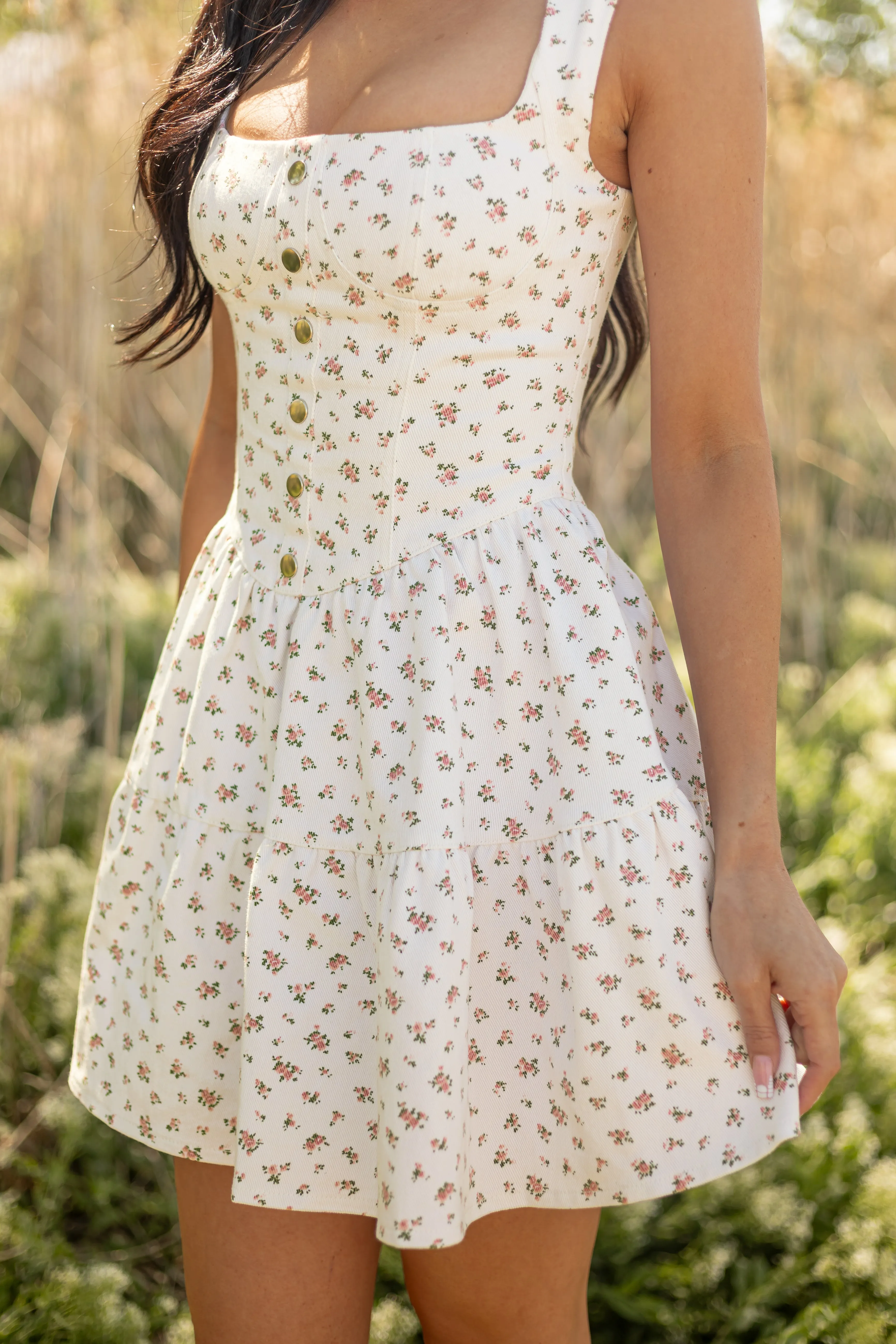 Ivory Ditsy Floral Sleeveless Denim Mini Dress sold by Lime Lush product image thumbnail 5