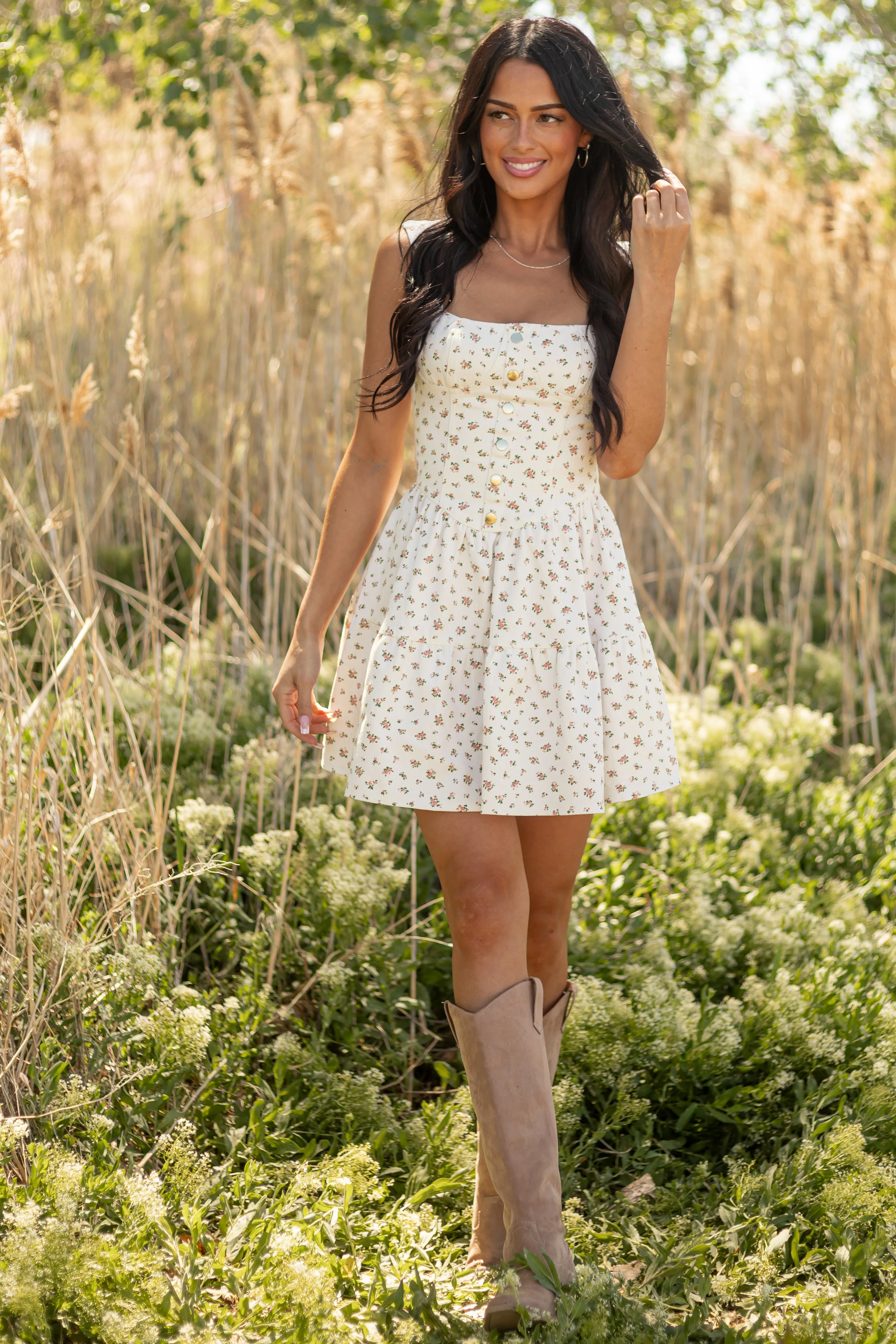 Ivory Ditsy Floral Sleeveless Denim Mini Dress sold by Lime Lush