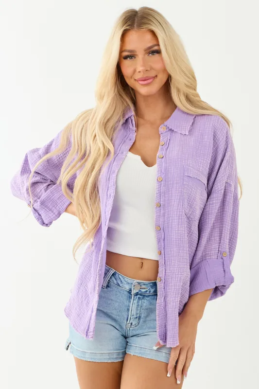 Iris Washed Double Gauze Cotton Button Down Top sold by Lime Lush
