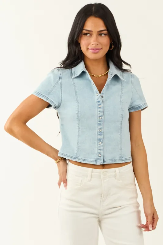 Risen Light Wash Denim Button Down Short Sleeve Top sold by Lime Lush