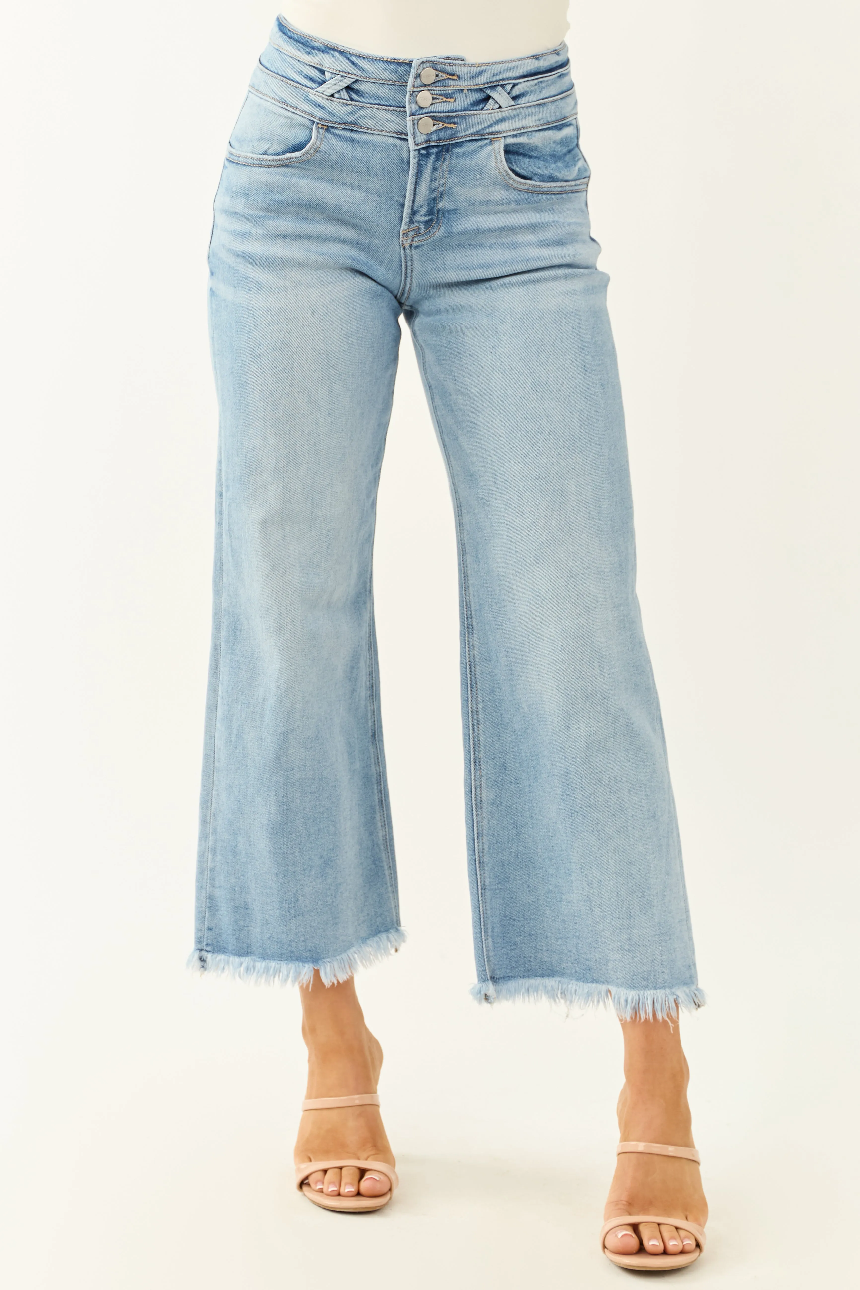 Risen Light Wash Stretchy Wide Leg Cropped Jeans sold by Lime Lush