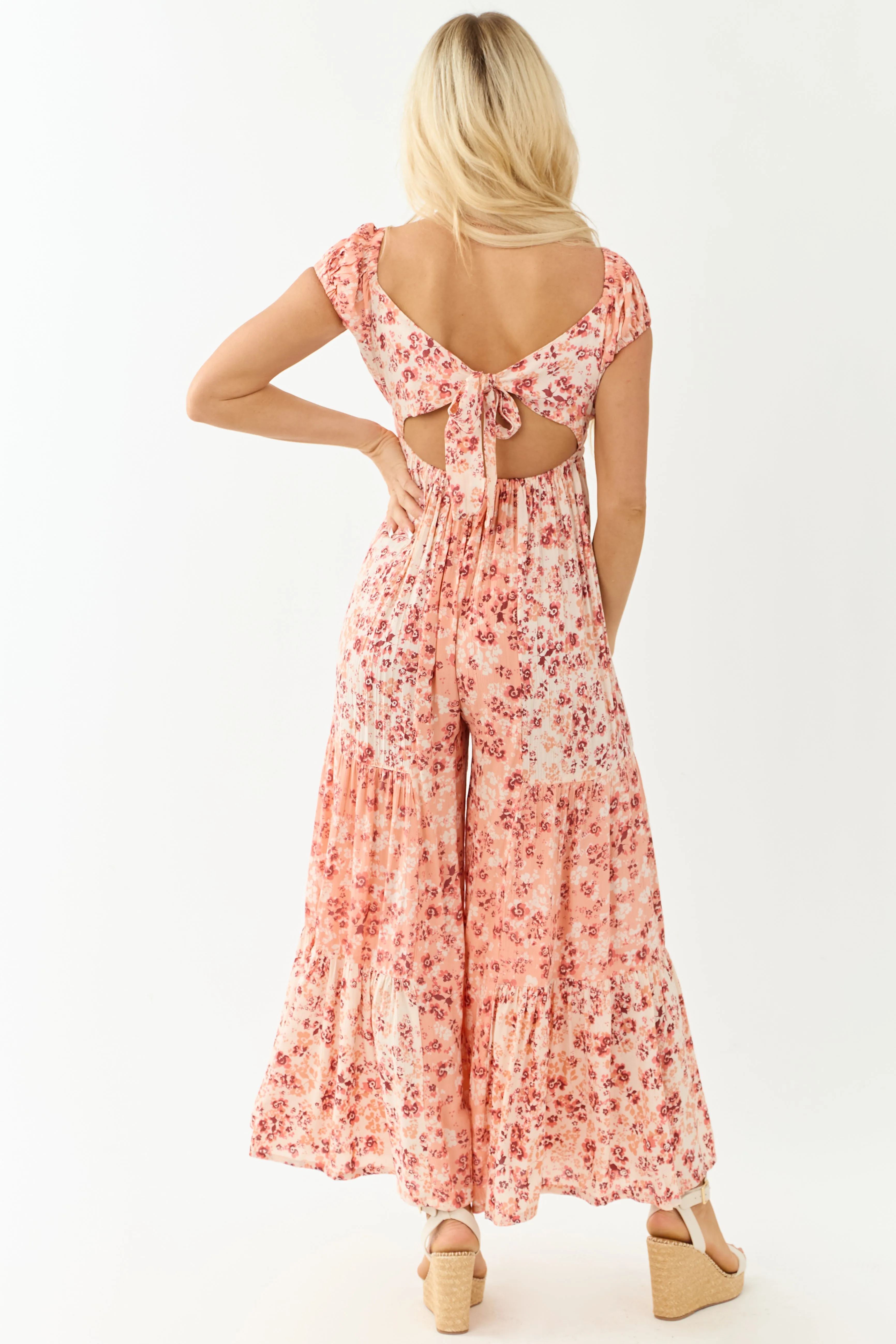 Champagne Floral Print Tiered Open Back Jumpsuit sold by Lime Lush product image thumbnail 5