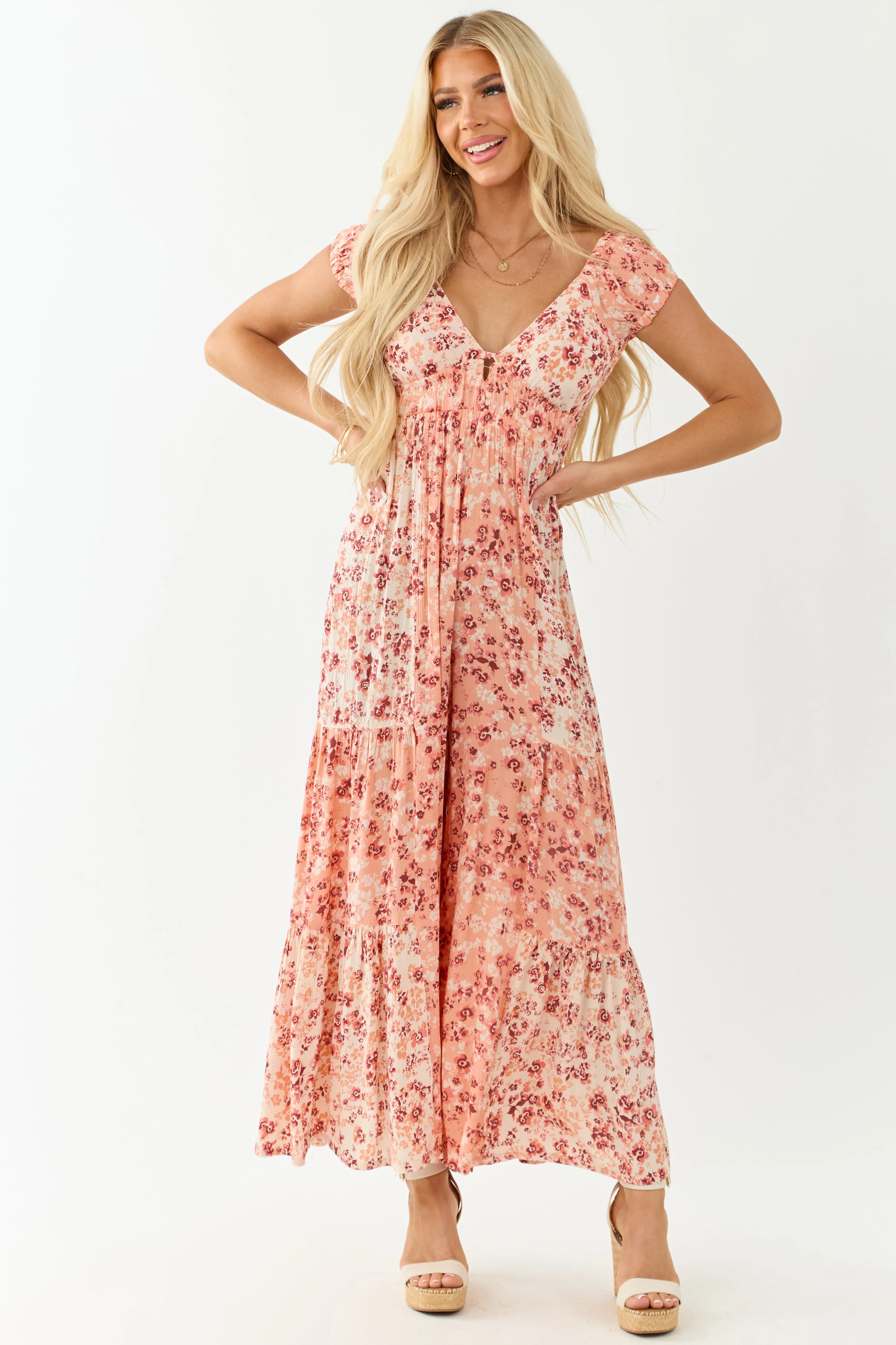 Champagne Floral Print Tiered Open Back Jumpsuit sold by Lime Lush product image thumbnail 2