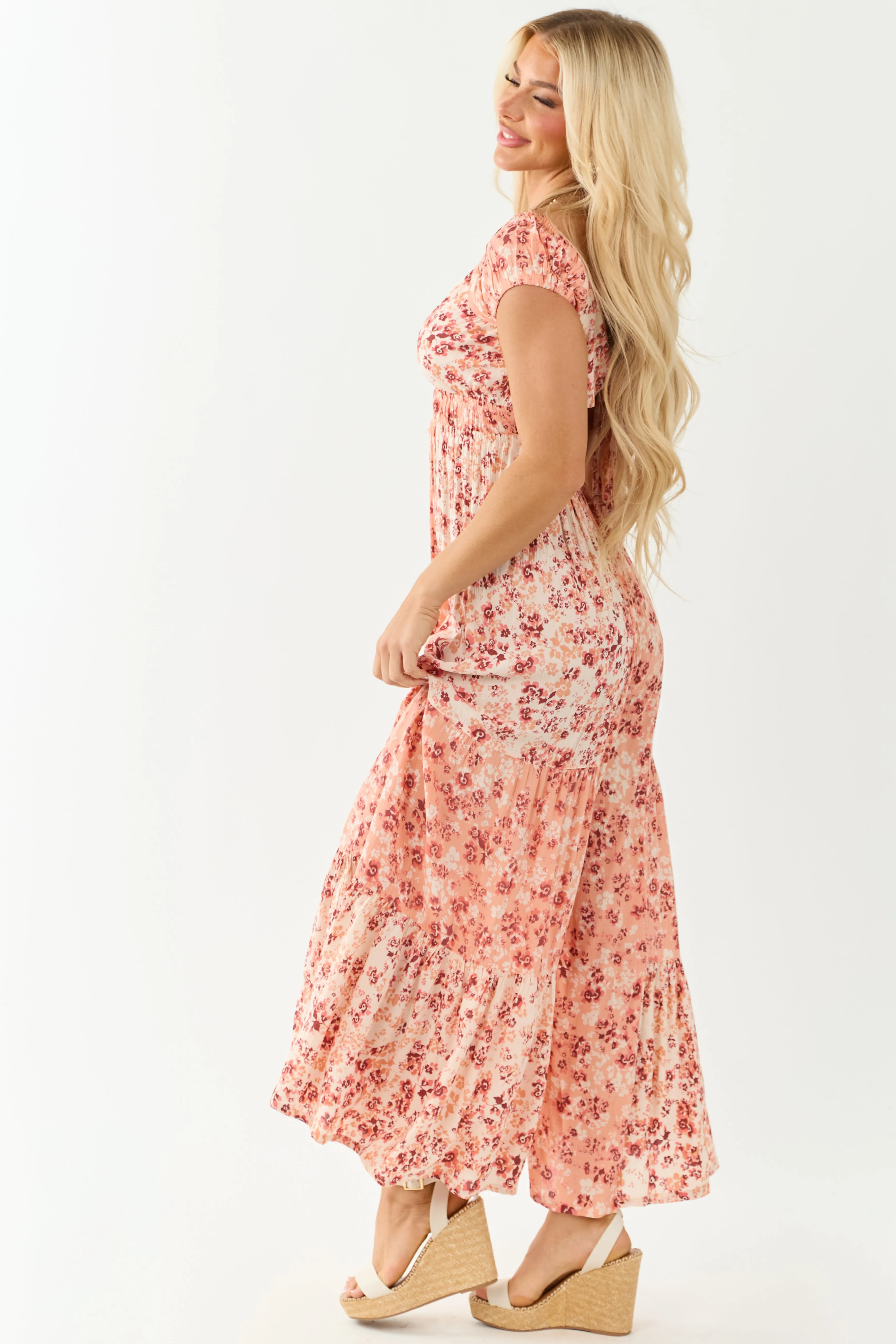 Champagne Floral Print Tiered Open Back Jumpsuit sold by Lime Lush product image thumbnail 4