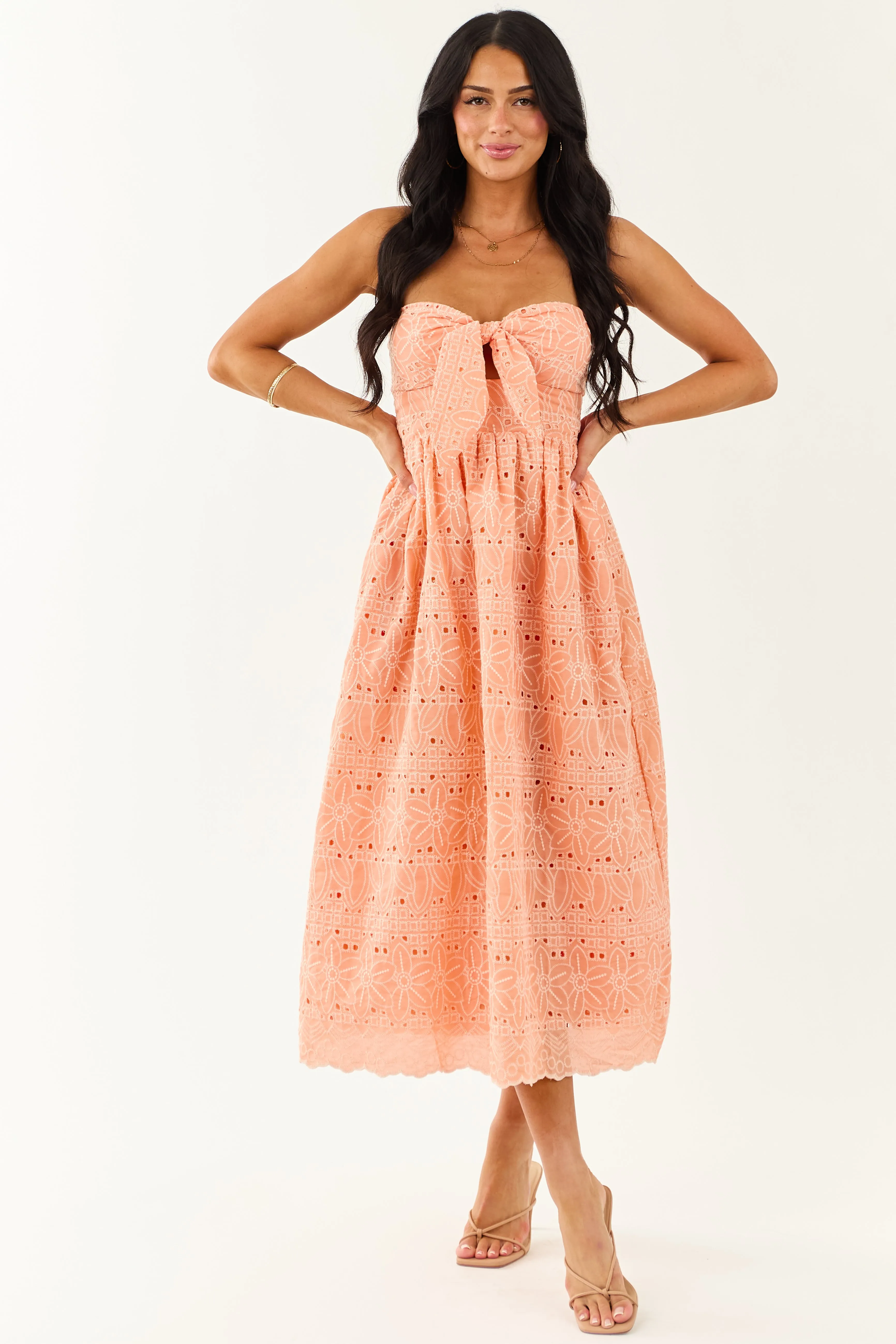 Peach Strapless Eyelet Front Tie Midi Dress sold by Lime Lush product image thumbnail 4