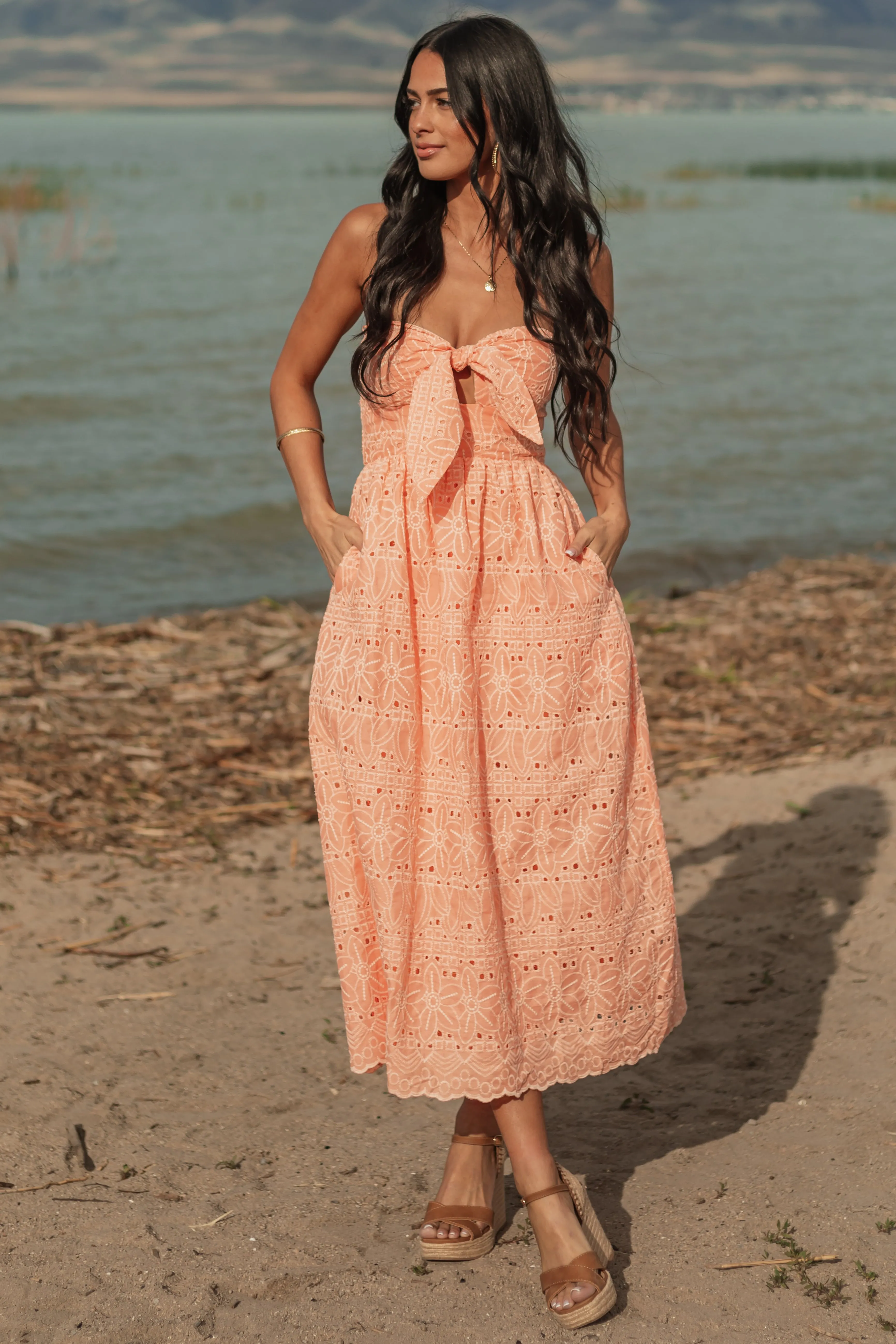 Peach Strapless Eyelet Front Tie Midi Dress sold by Lime Lush product image thumbnail 2