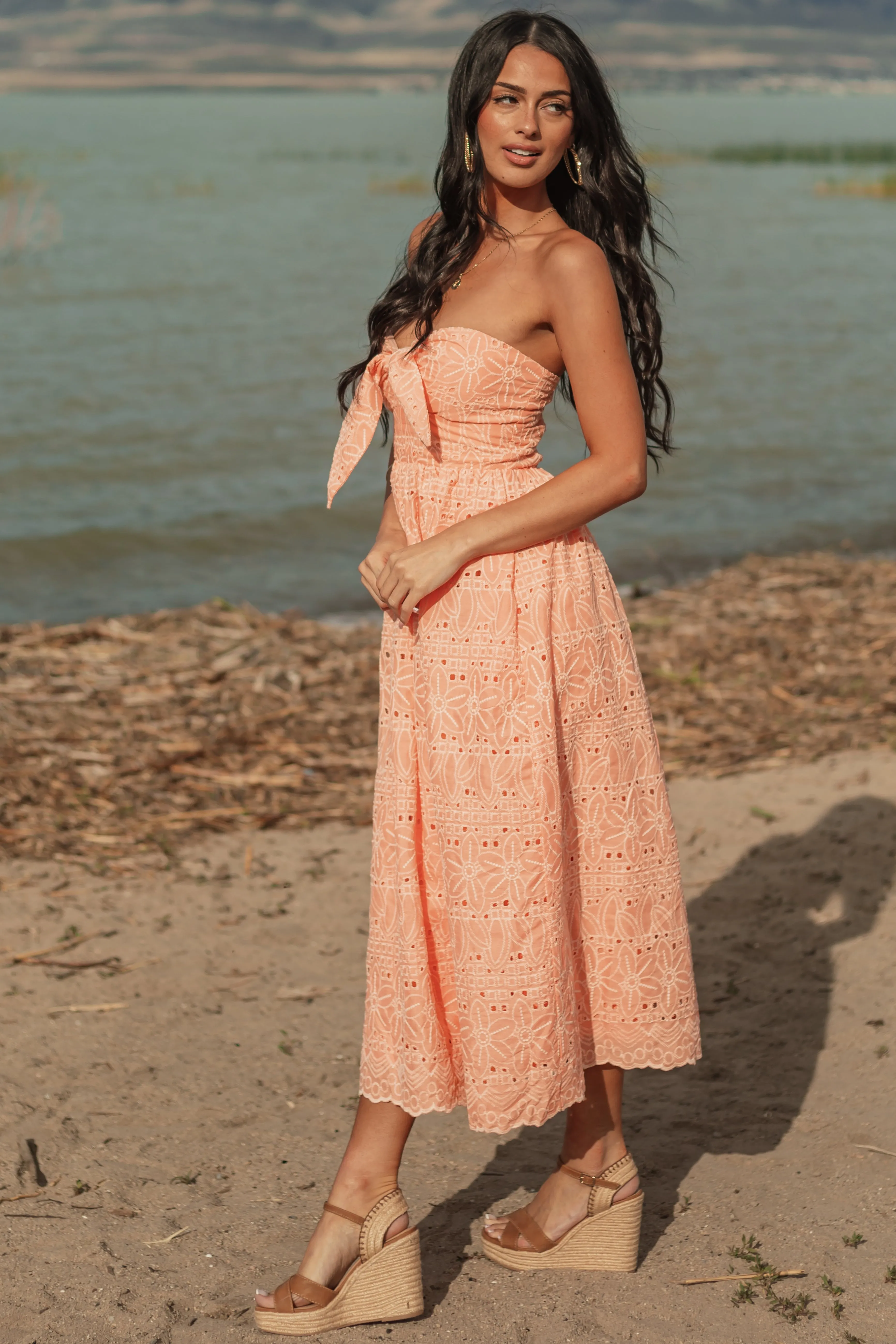 Peach Strapless Eyelet Front Tie Midi Dress sold by Lime Lush product image thumbnail 3