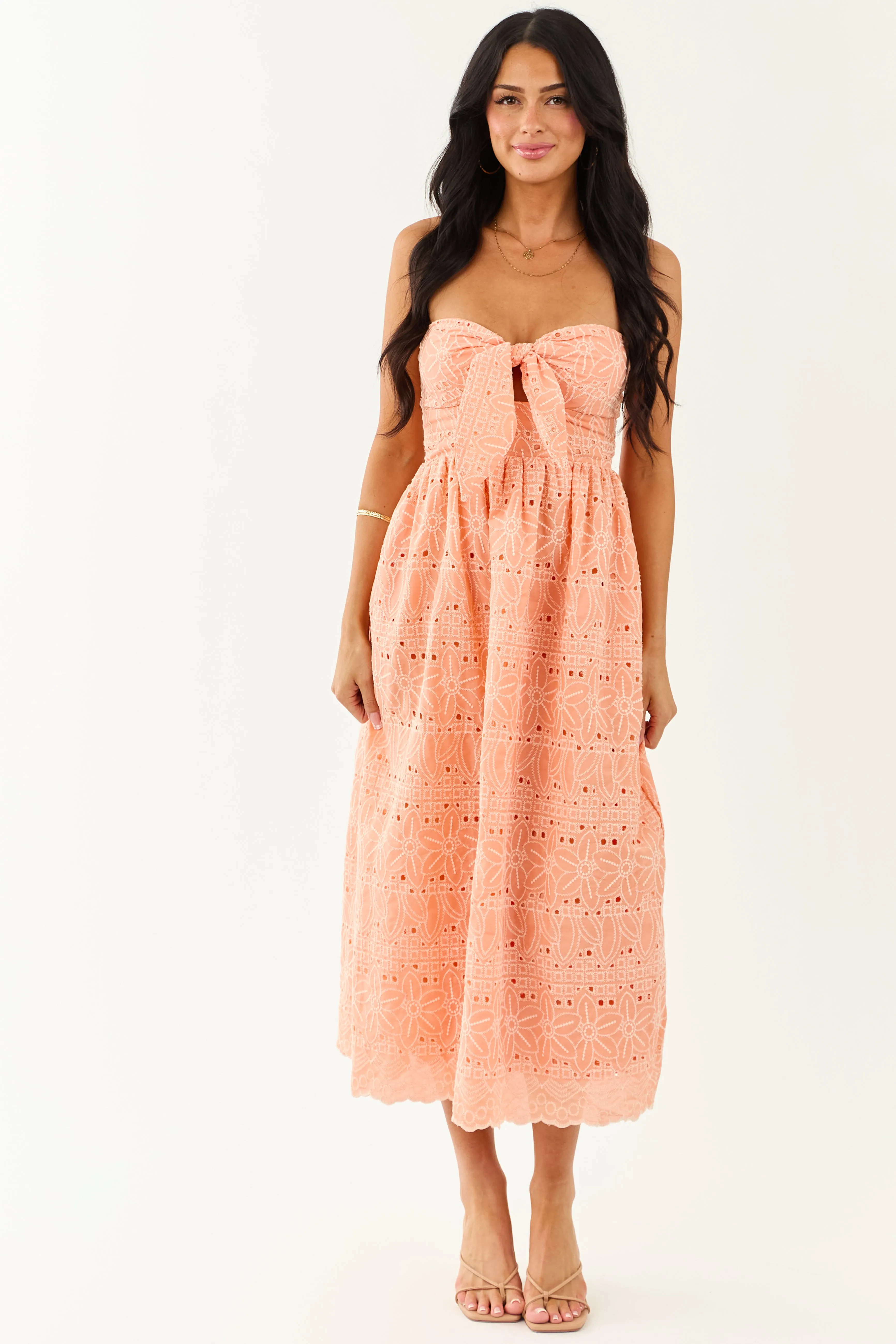 Peach Strapless Eyelet Front Tie Midi Dress sold by Lime Lush product image thumbnail 5