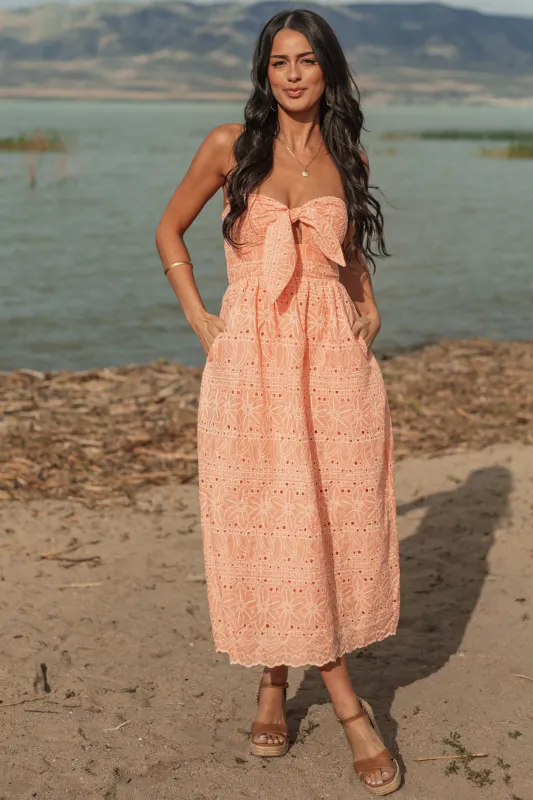 Peach Strapless Eyelet Front Tie Midi Dress sold by Lime Lush