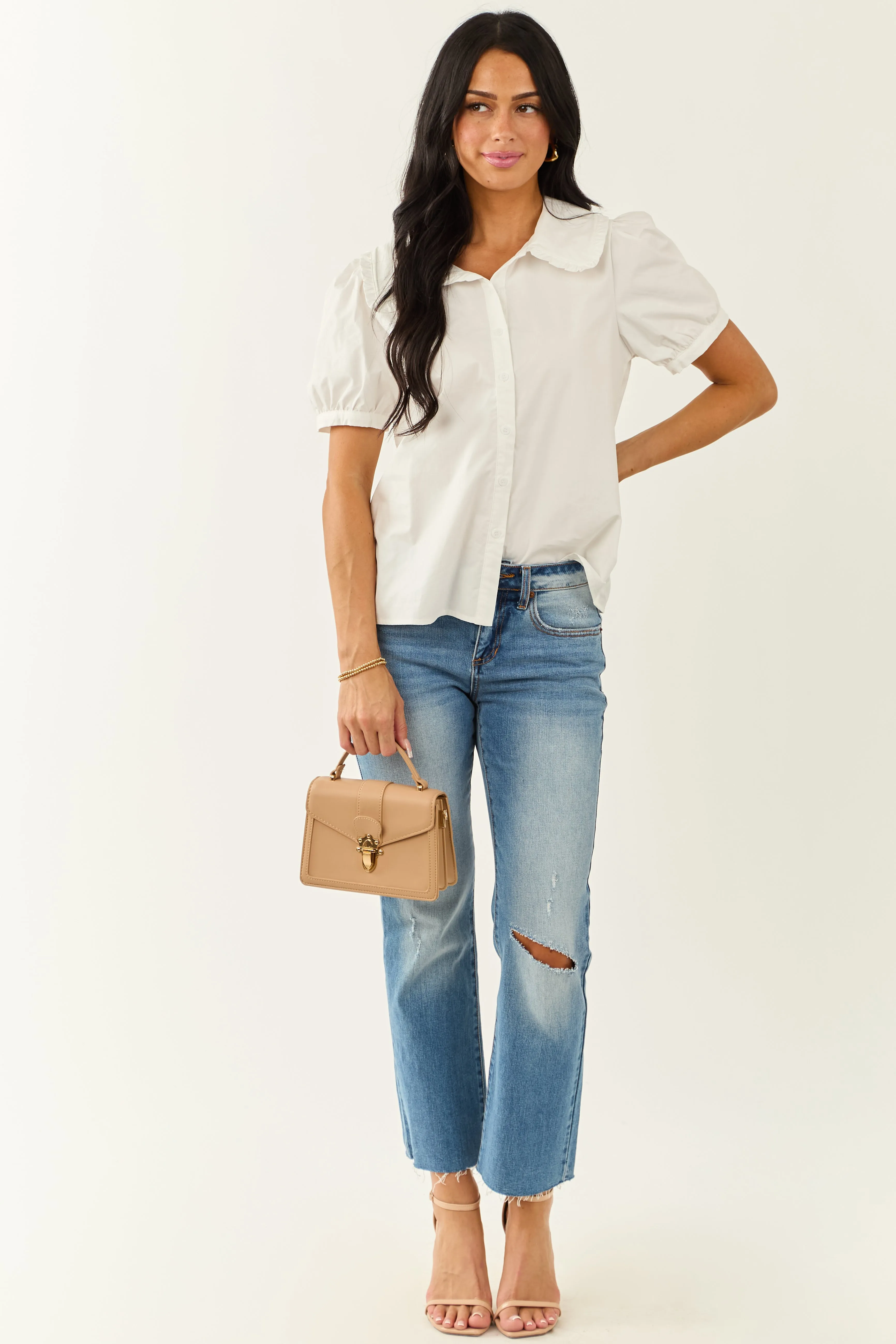 Lovelo Ivory Cotton Button Up Short Sleeve Blouse sold by Lime Lush product image thumbnail 3