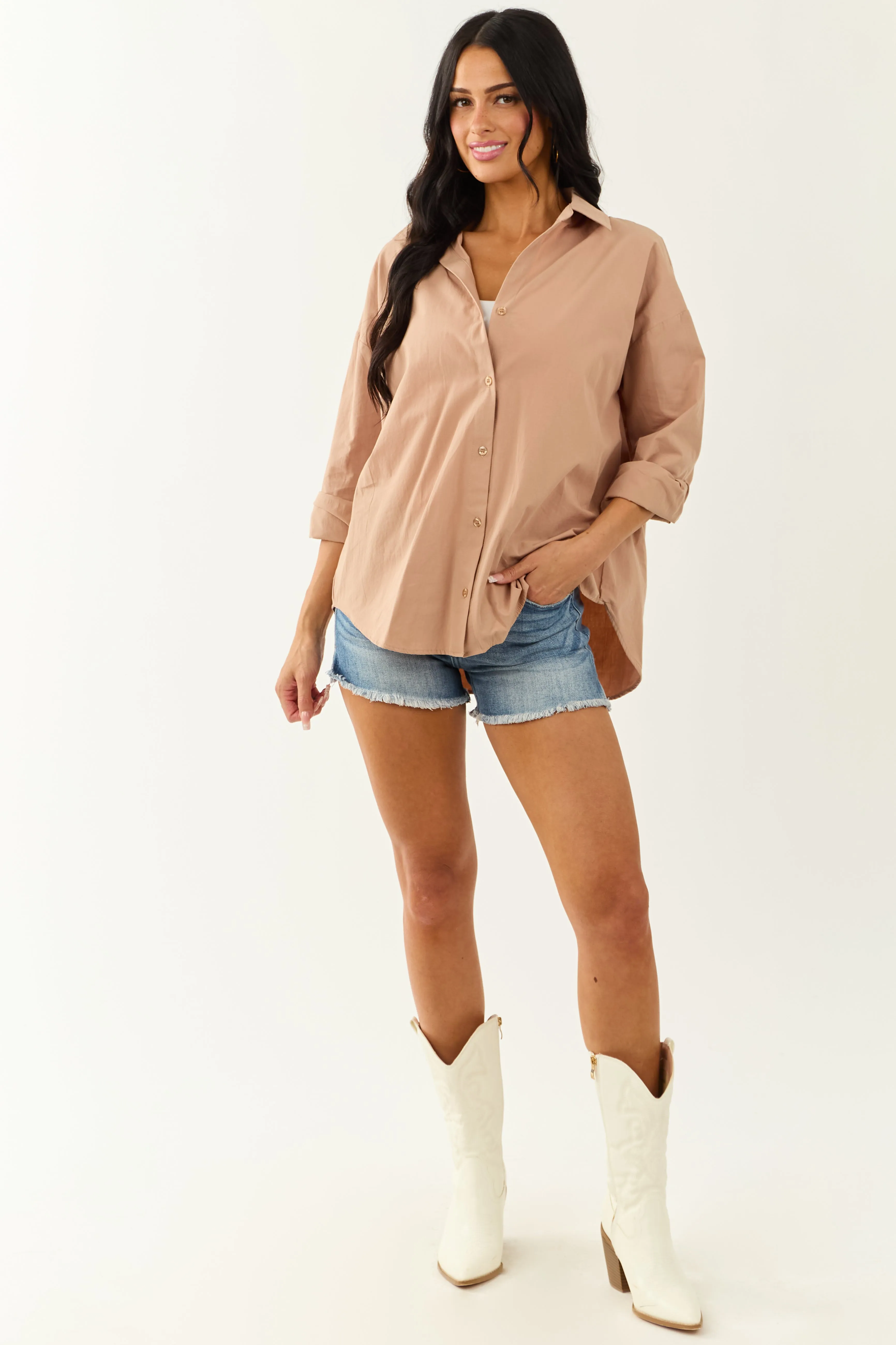 Latte Collared Button Down Cotton Long Sleeve Top sold by Lime Lush product image thumbnail 3