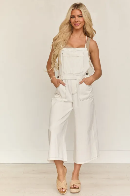 White Denim Wide Leg Cropped Loose Overalls sold by Lime Lush