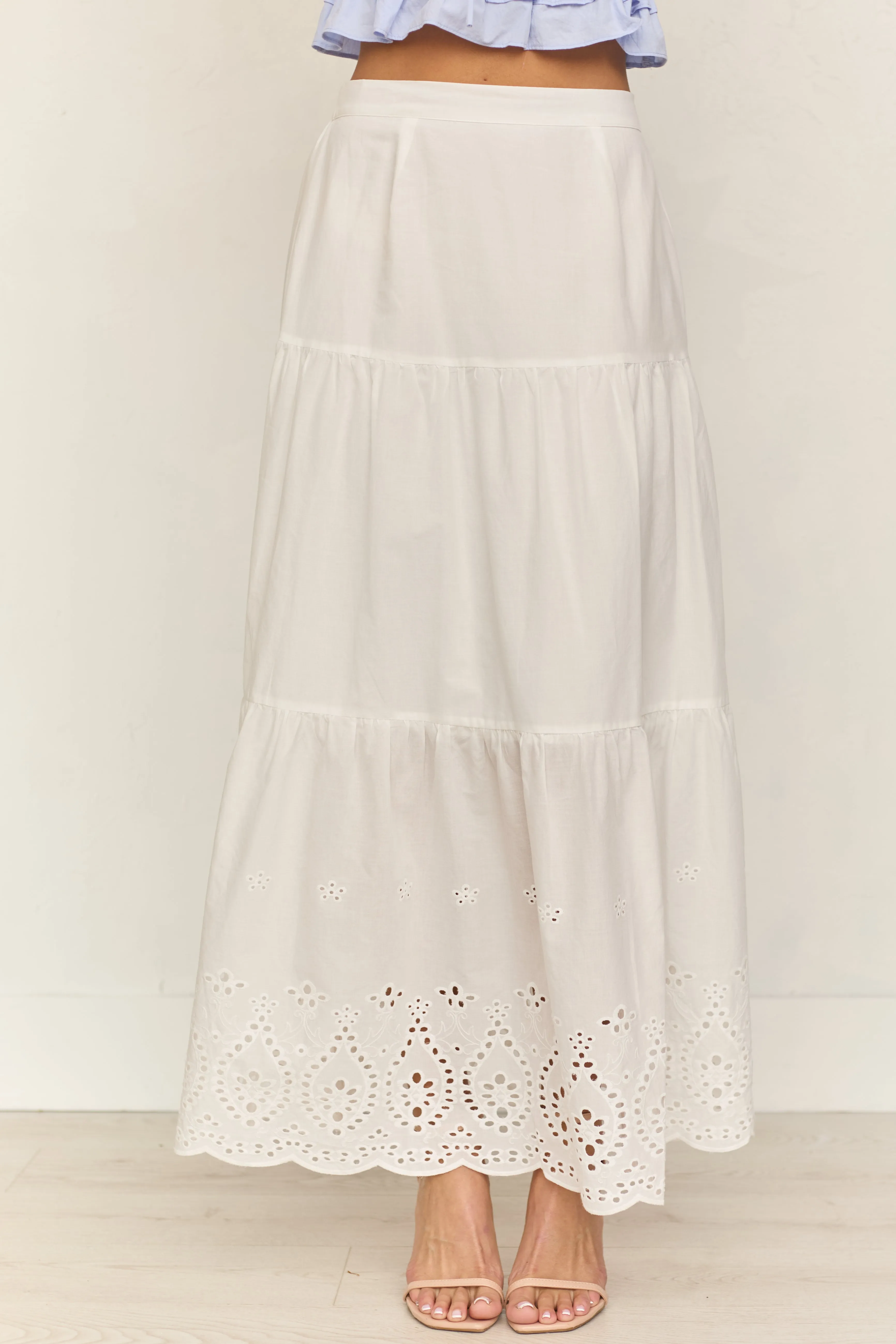 White Eyelet Tiered Cotton Maxi Skirt sold by Lime Lush product image thumbnail 2