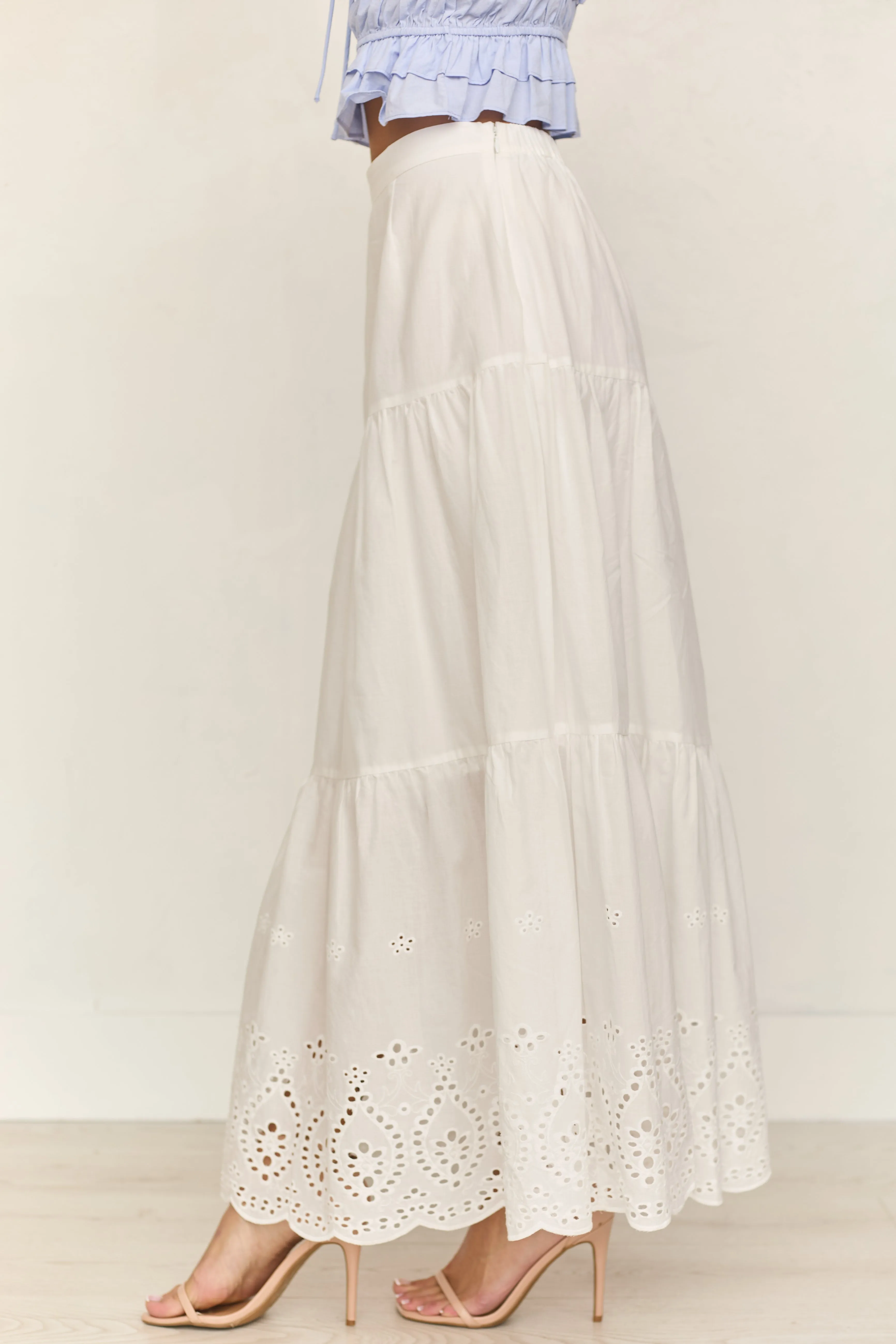 White Eyelet Tiered Cotton Maxi Skirt sold by Lime Lush product image thumbnail 3
