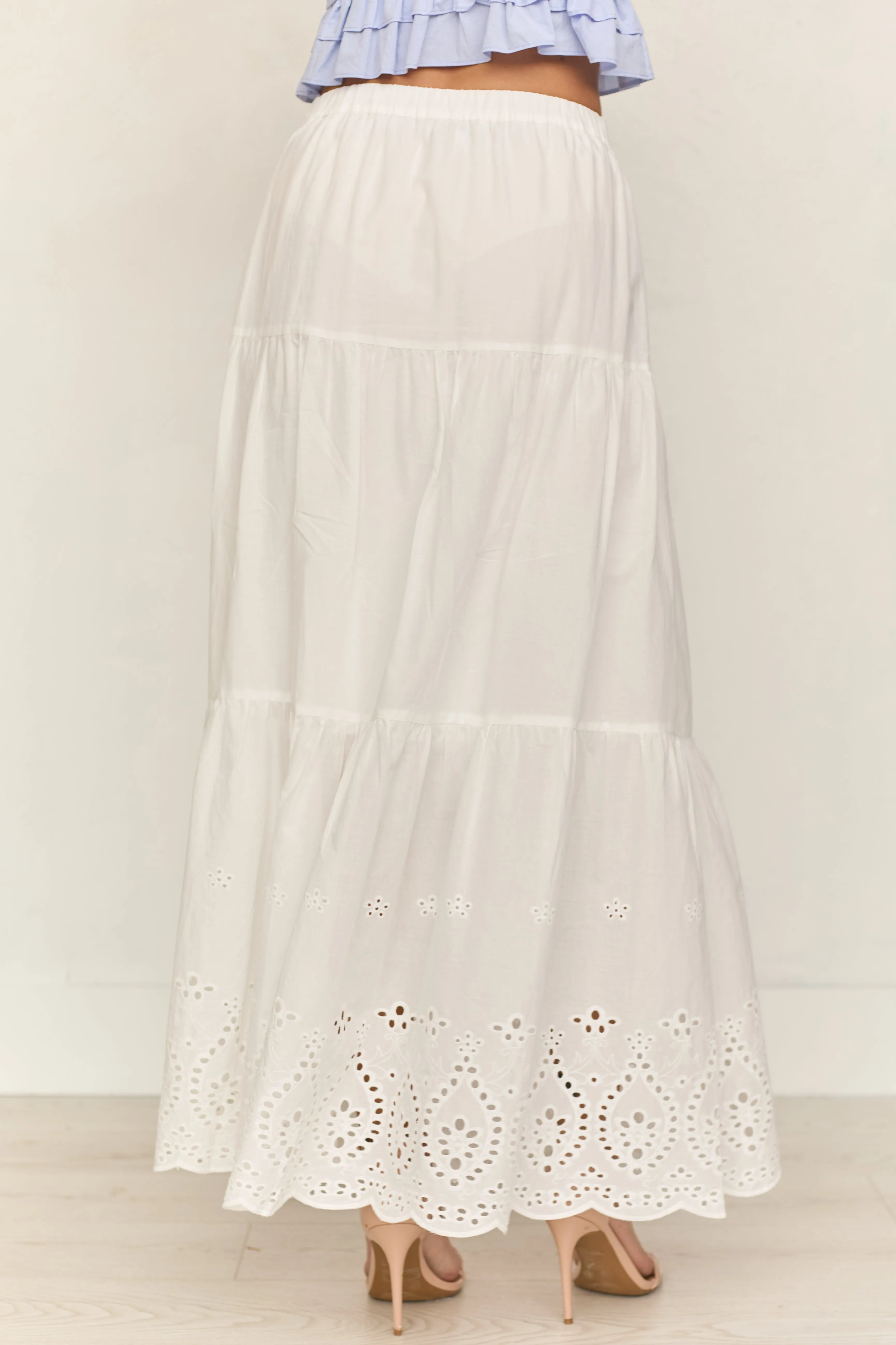 White Eyelet Tiered Cotton Maxi Skirt sold by Lime Lush product image thumbnail 4