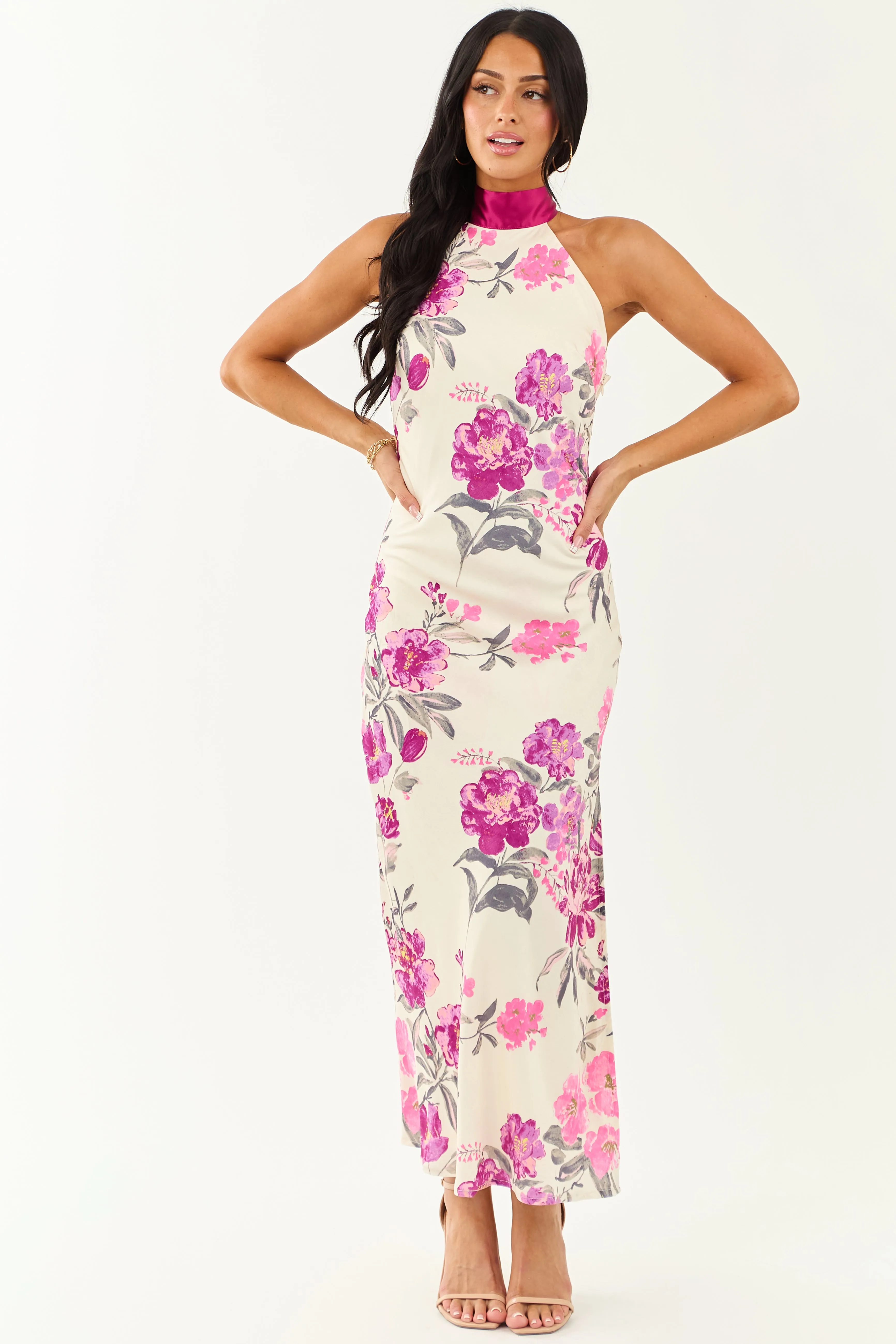 Cream Floral Satin Halter Neck Side Slit Maxi Dress sold by Lime Lush product image thumbnail 2