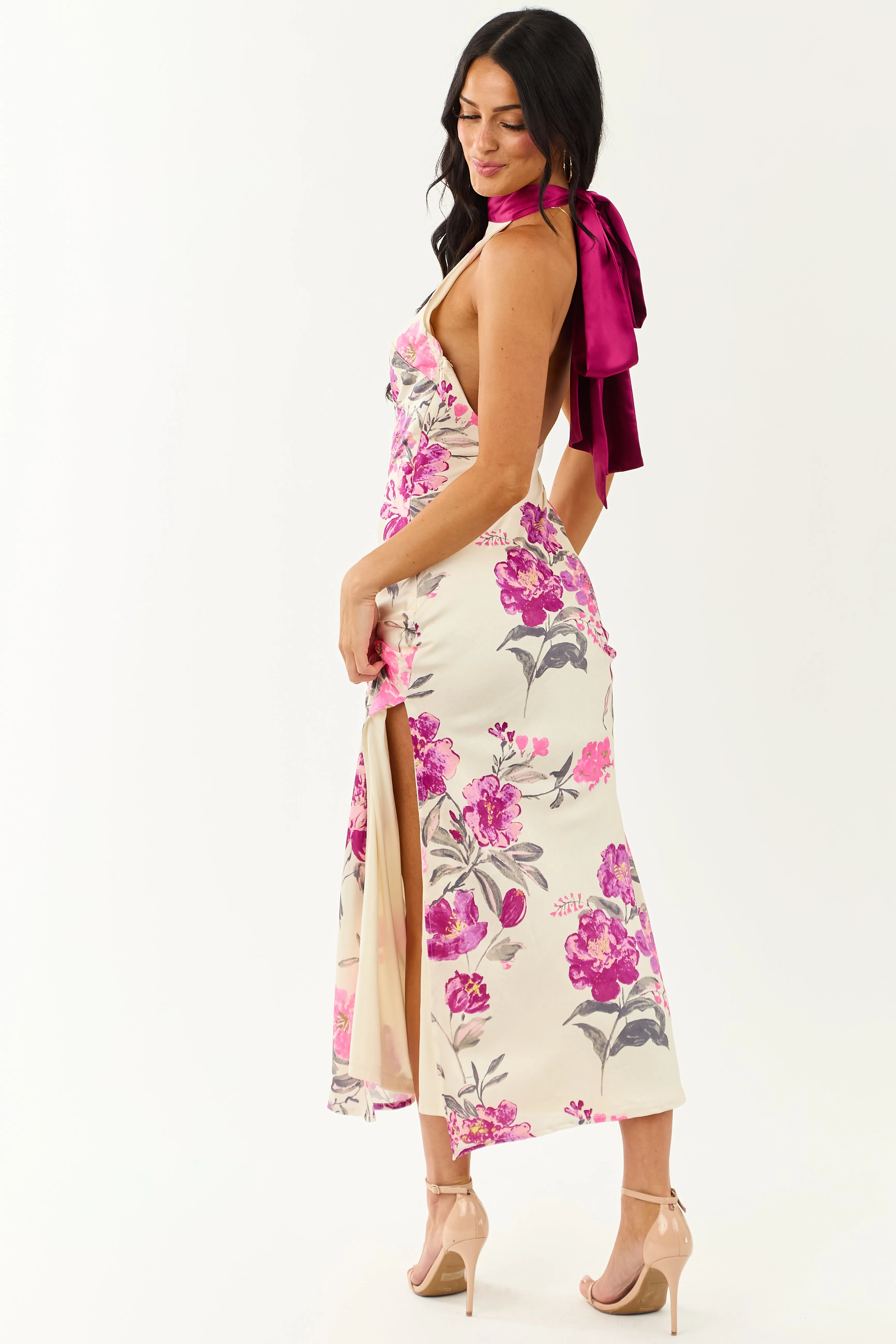 Cream Floral Satin Halter Neck Side Slit Maxi Dress sold by Lime Lush product image thumbnail 5