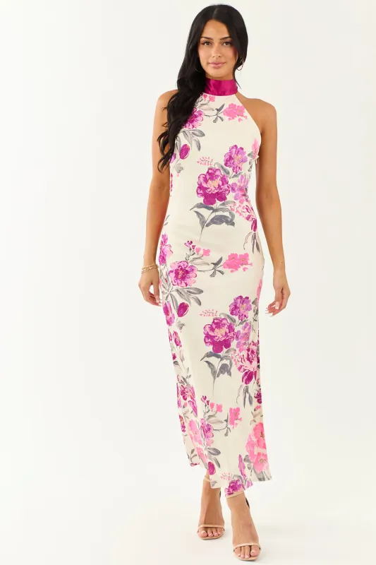 Cream Floral Satin Halter Neck Side Slit Maxi Dress sold by Lime Lush