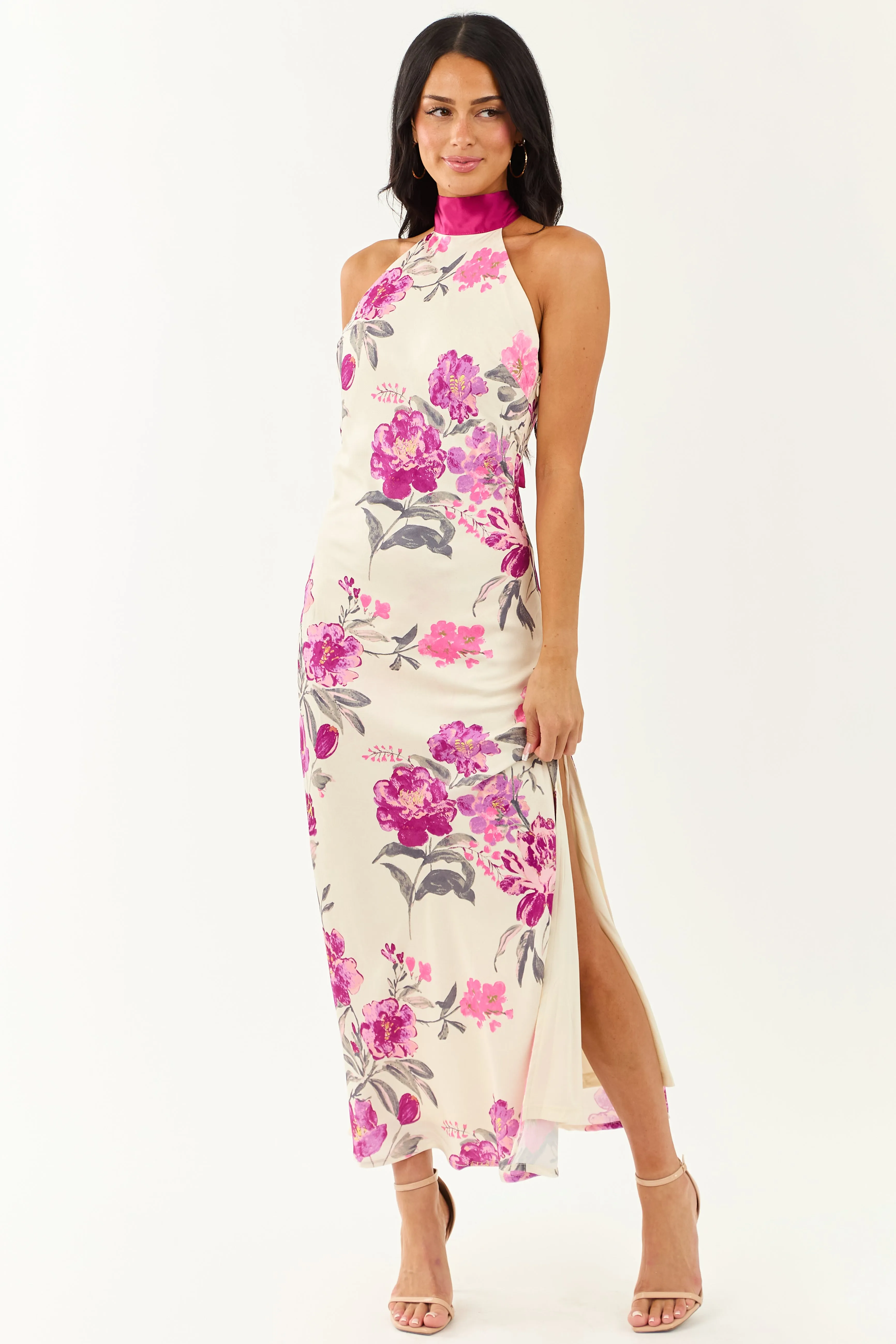 Cream Floral Satin Halter Neck Side Slit Maxi Dress sold by Lime Lush product image thumbnail 3
