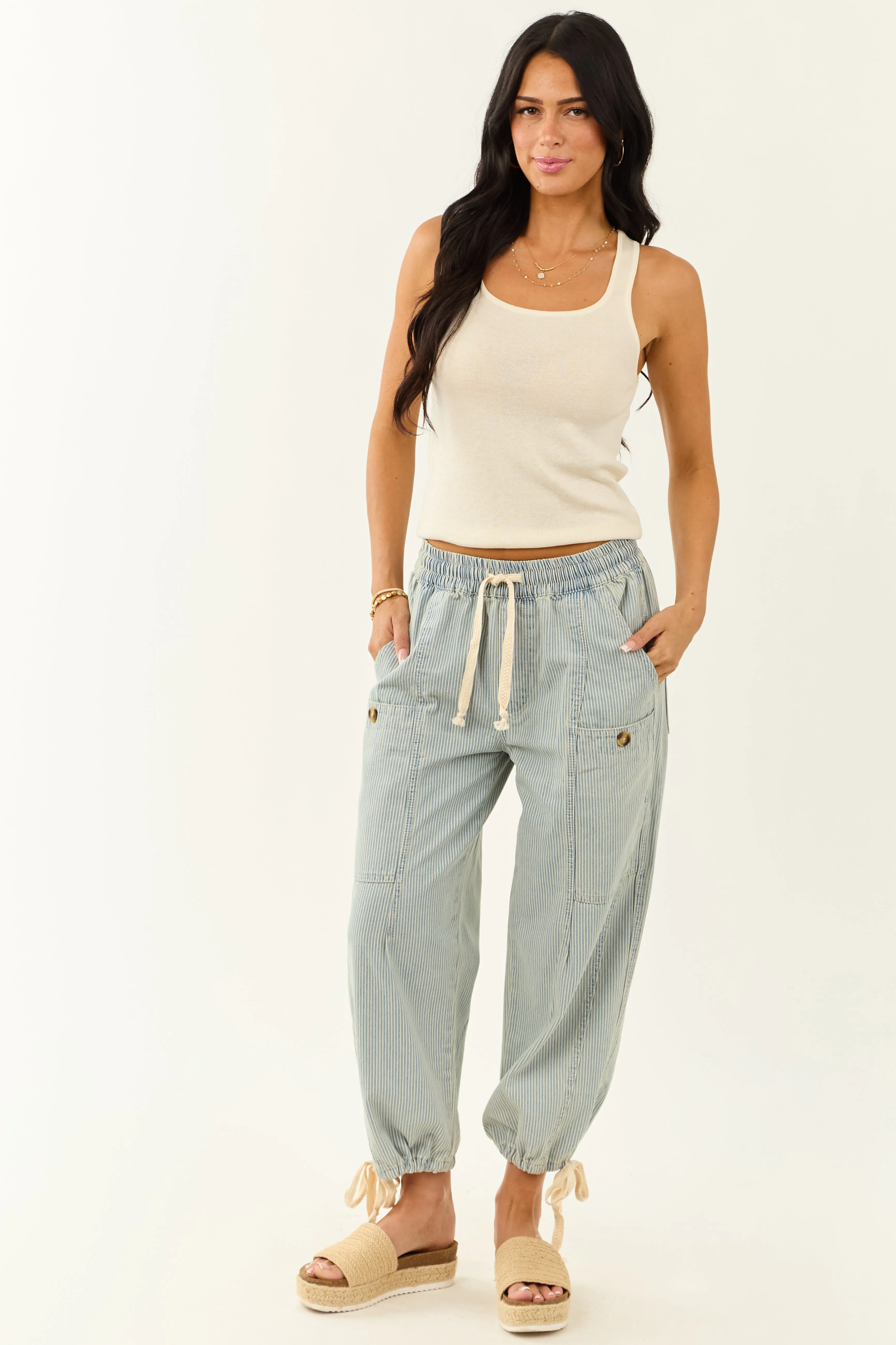 Light Wash Railroad Stripe High Rise Drawstring Pants sold by Lime Lush
