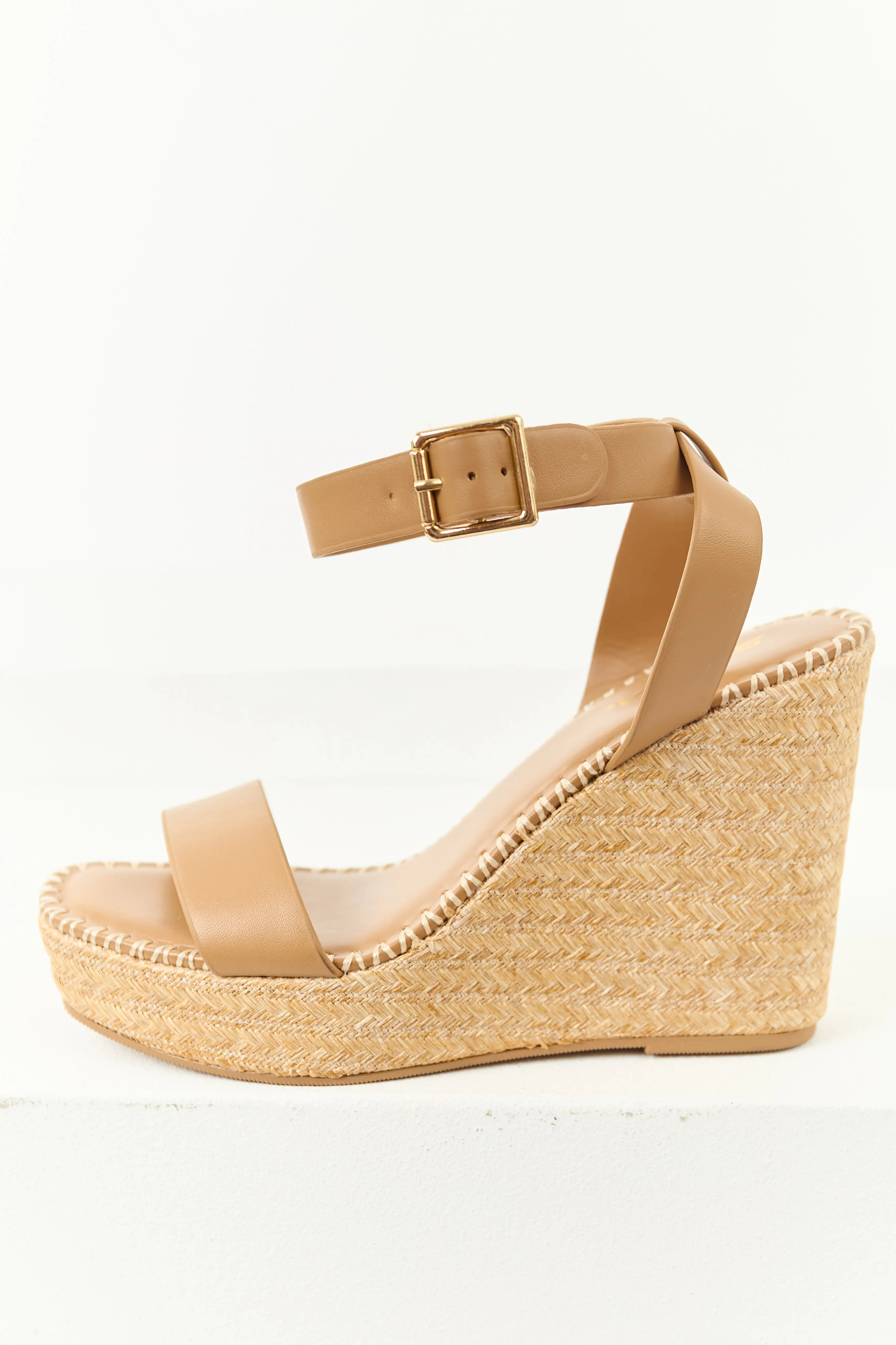 Peanut Open Toed Ankle Strap Raffia Platform Wedges sold by Lime Lush