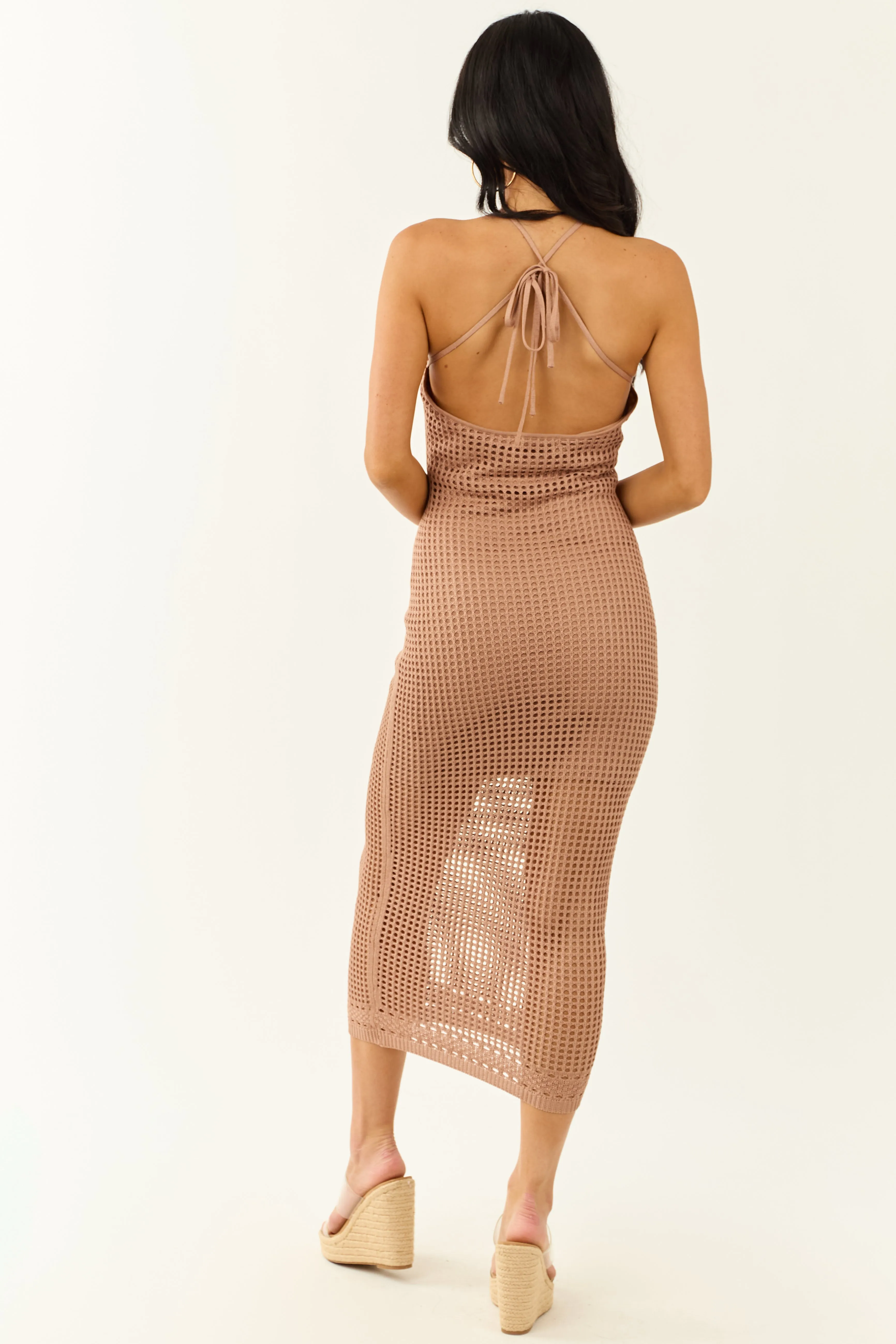 Cognac Open Knit Bodycon Halter Neck Midi Dress sold by Lime Lush product image thumbnail 5