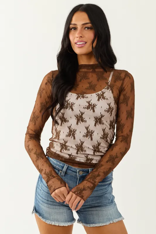 Walnut Mesh Lace Mock Neck Long Sleeve Top sold by Lime Lush