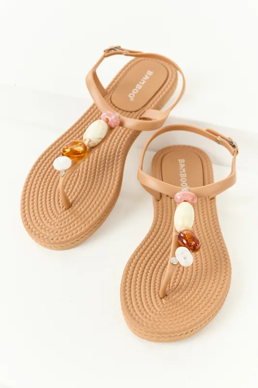 Latte Stone Embellished T-Strap Thong Sandals sold by Lime Lush
