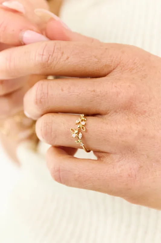 Gold Open Rhinestone Leaf Adjustable Ring sold by Lime Lush