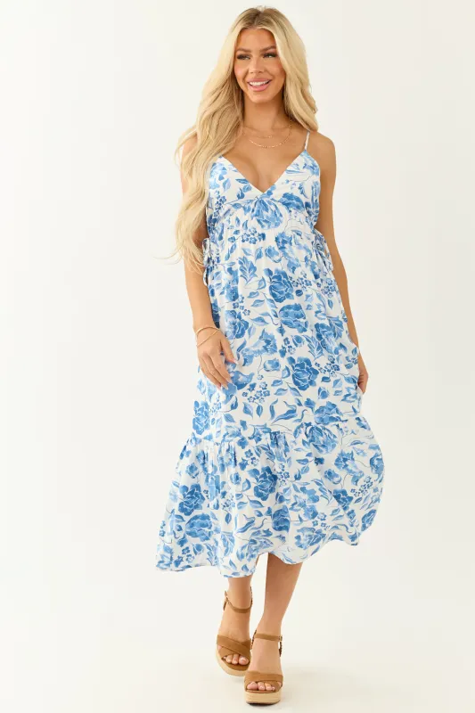 Off White and Cobalt Floral Print Midi Dress sold by Lime Lush