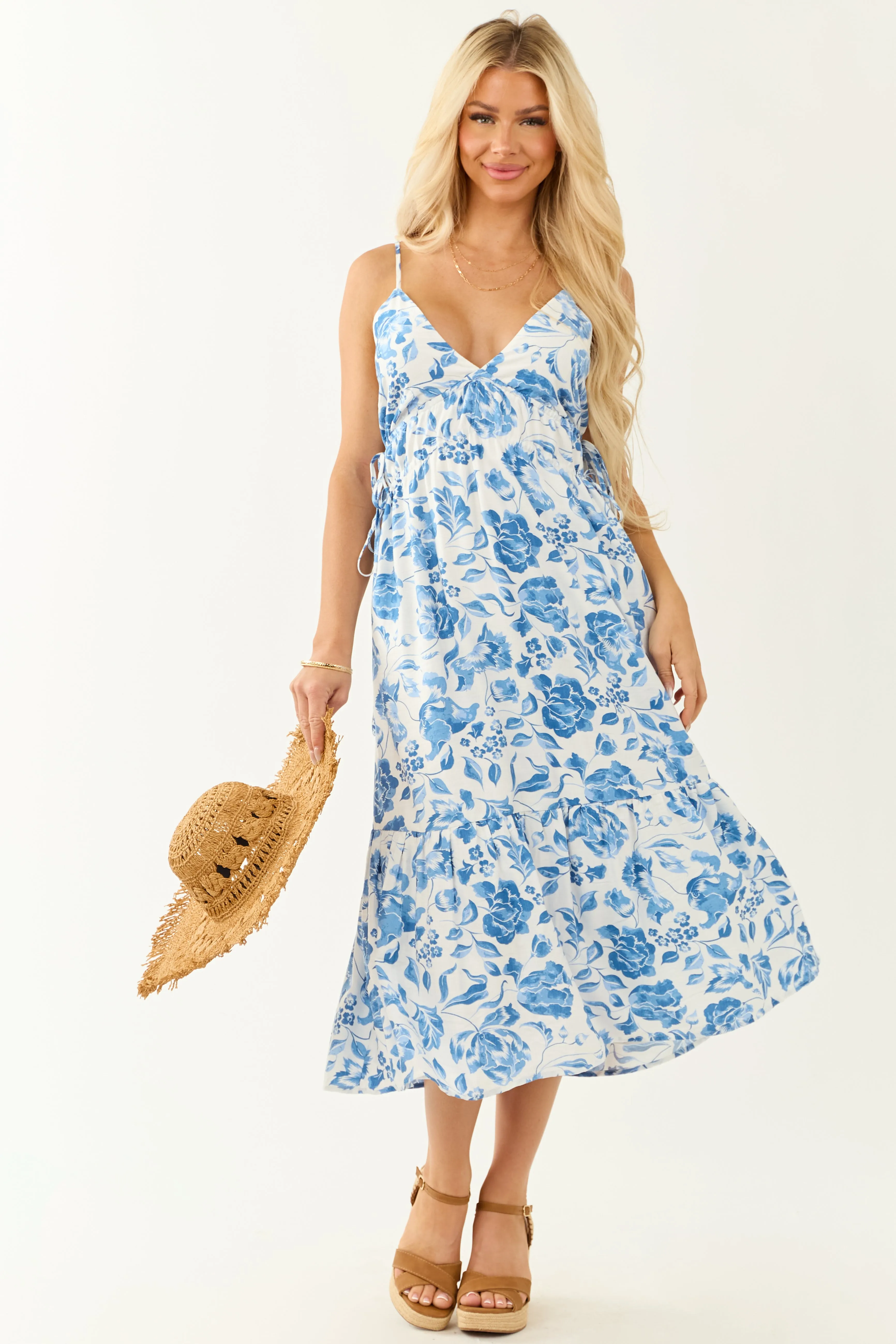 Off White and Cobalt Floral Print Midi Dress sold by Lime Lush product image thumbnail 2