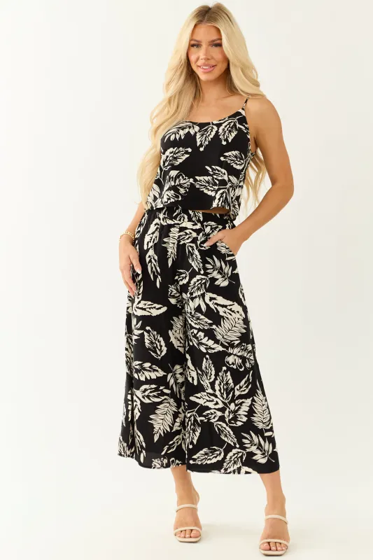 Black Leaf Print Cami Top and Wide Leg Pant Set sold by Lime Lush