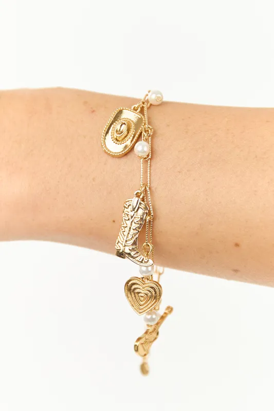 Gold Paperclip Chain Western Pearl Charm Bracelet sold by Lime Lush