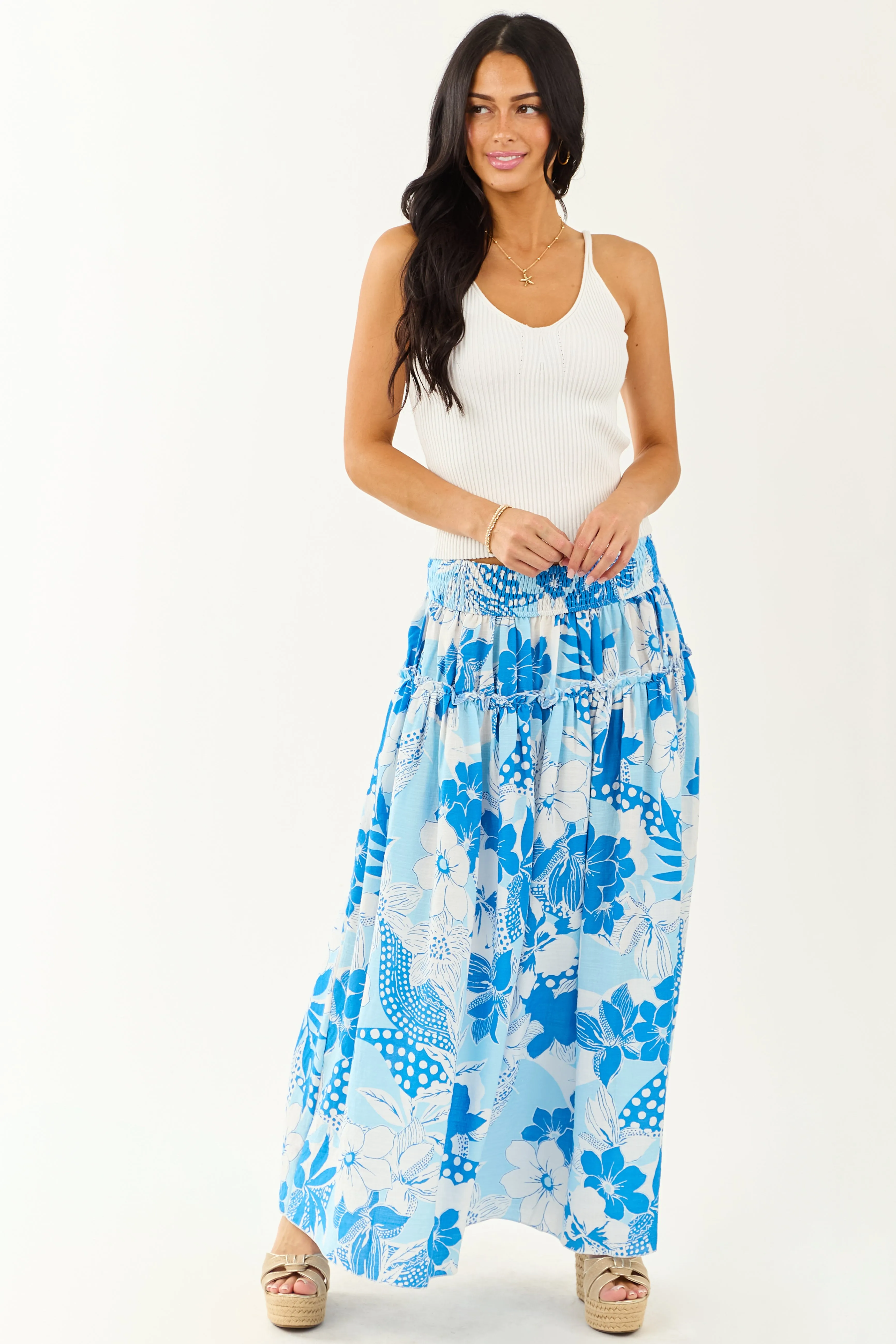 Sky Blue Vacation Print Smocked Maxi Skirt sold by Lime Lush product image thumbnail 5