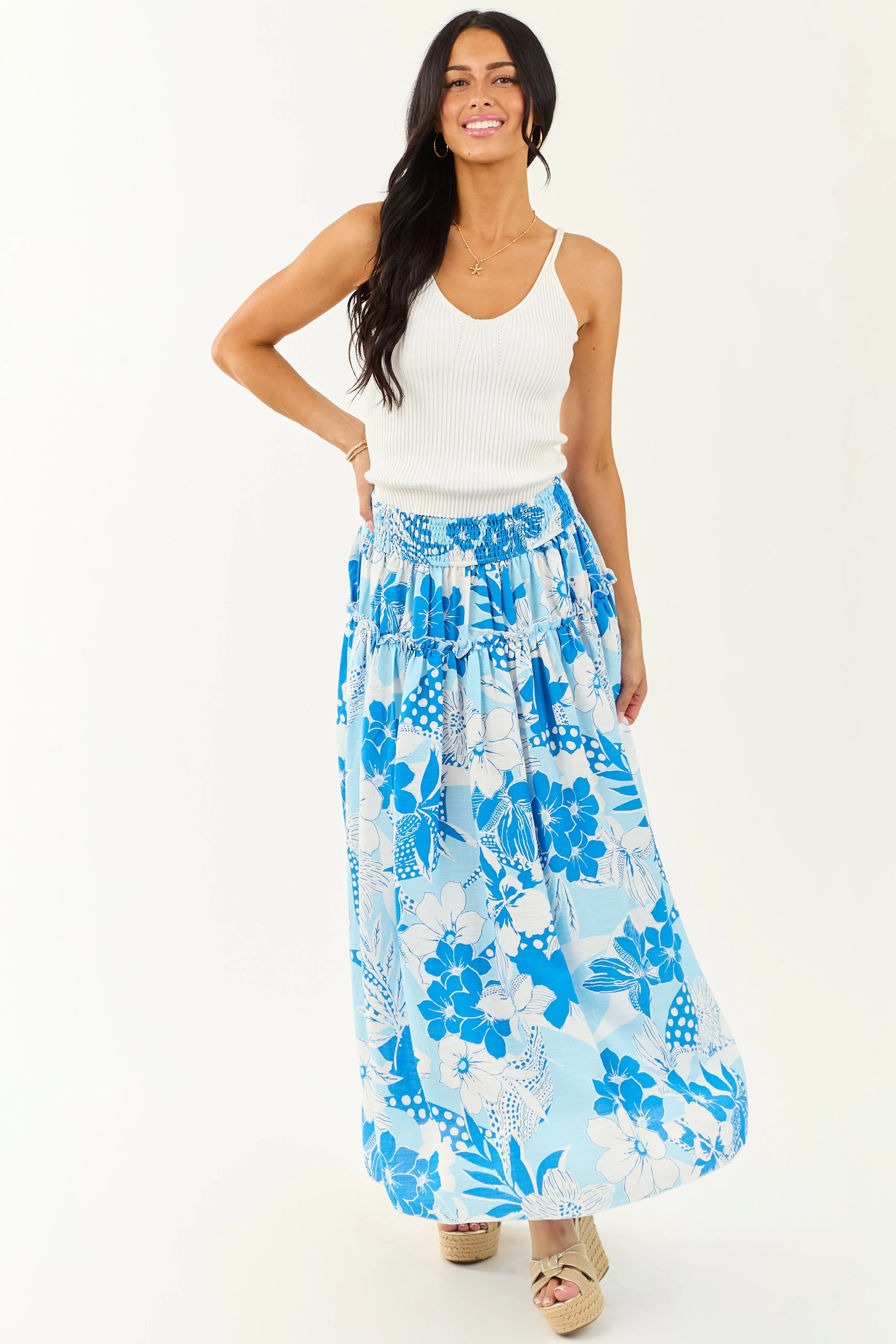 Sky Blue Vacation Print Smocked Maxi Skirt sold by Lime Lush