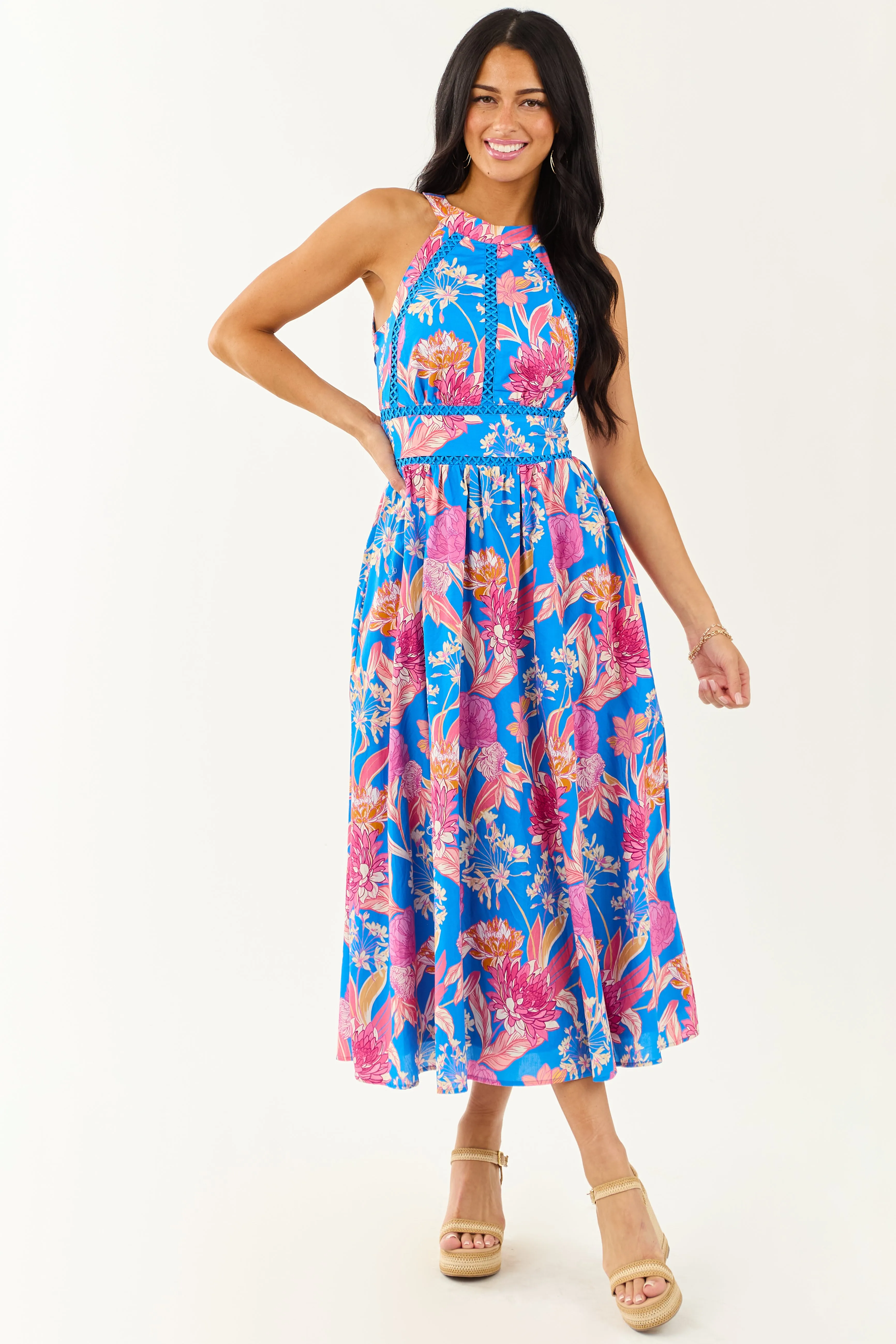 Flying Tomato Azure Floral Cotton Halter Midi Dress sold by Lime Lush product image thumbnail 3